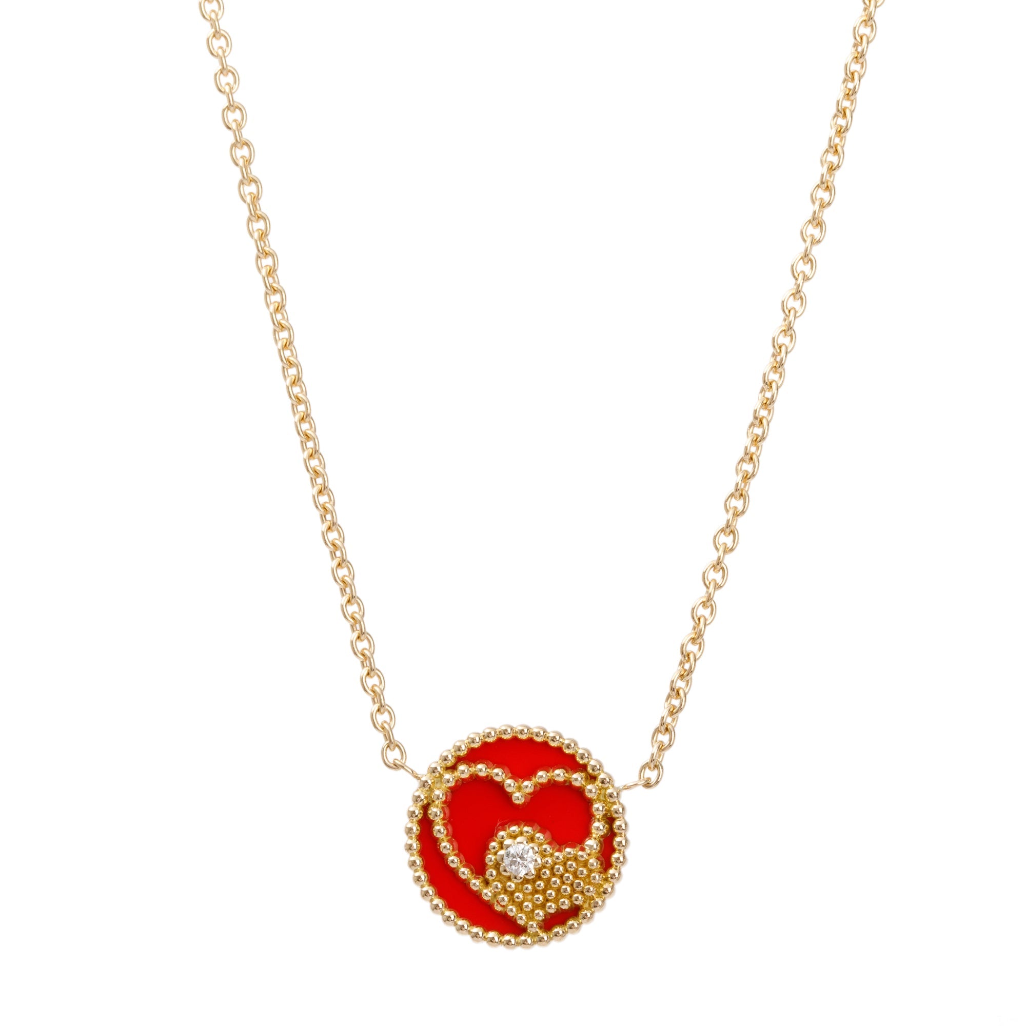Christian Dior 18k Yellow Gold Diamond Red Ceramic Rose Des Vents Heart Motif Pendant Necklace