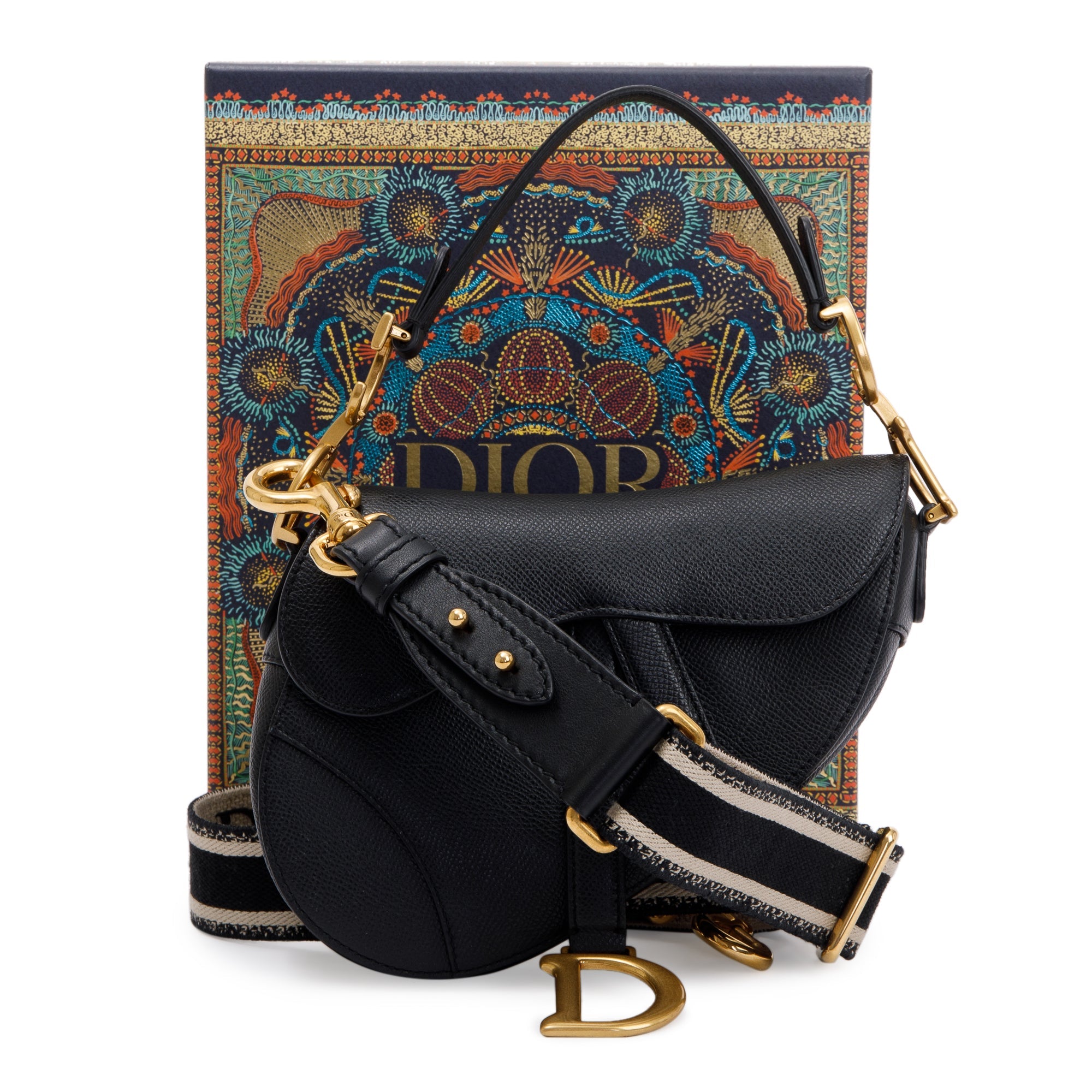 Christian Dior 2020 Black Calfskin Leather Mini Saddle Bag w/ Strap & Box