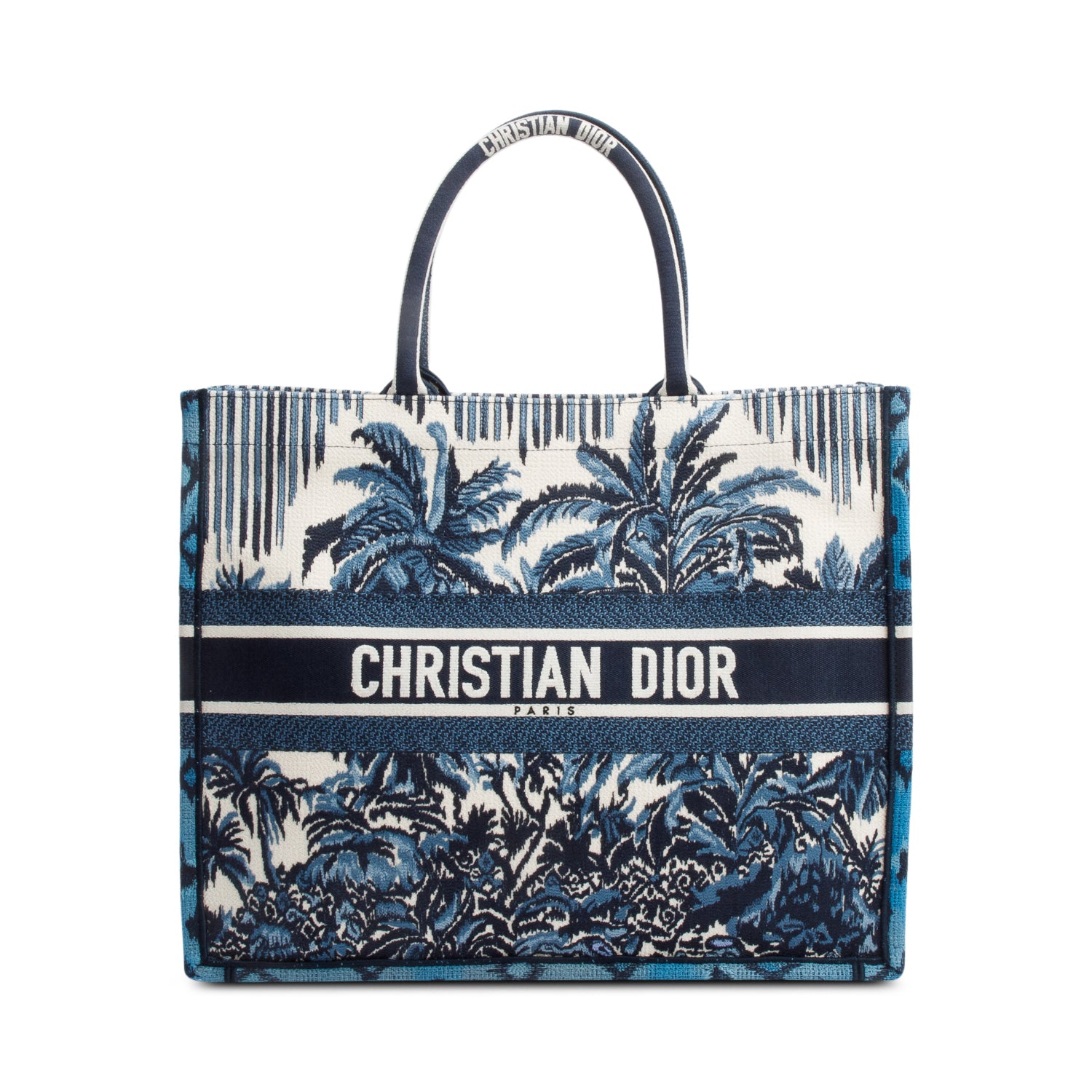 Christian Dior 2020 Blue Multicolor Toile De Jouy Palm Tree Embroidery Large Book Tote