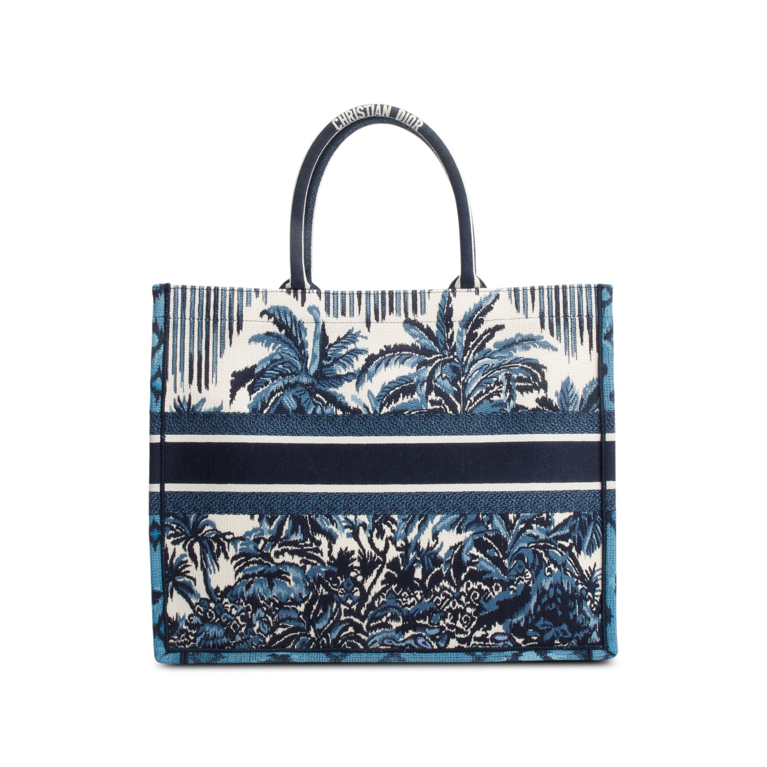 Christian Dior 2020 Blue Multicolor Toile De Jouy Palm Tree Embroidery Large Book Tote