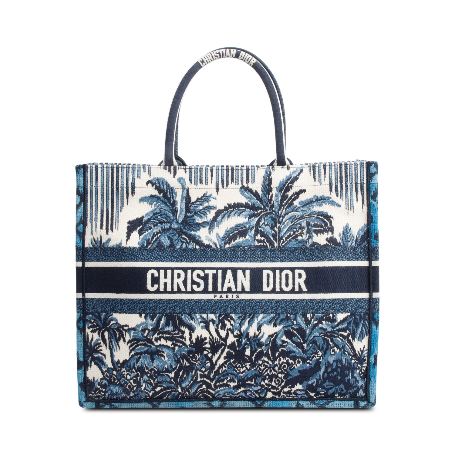 Christian Dior 2020 Blue Multicolor Toile De Jouy Palm Tree Embroidery Large Book Tote