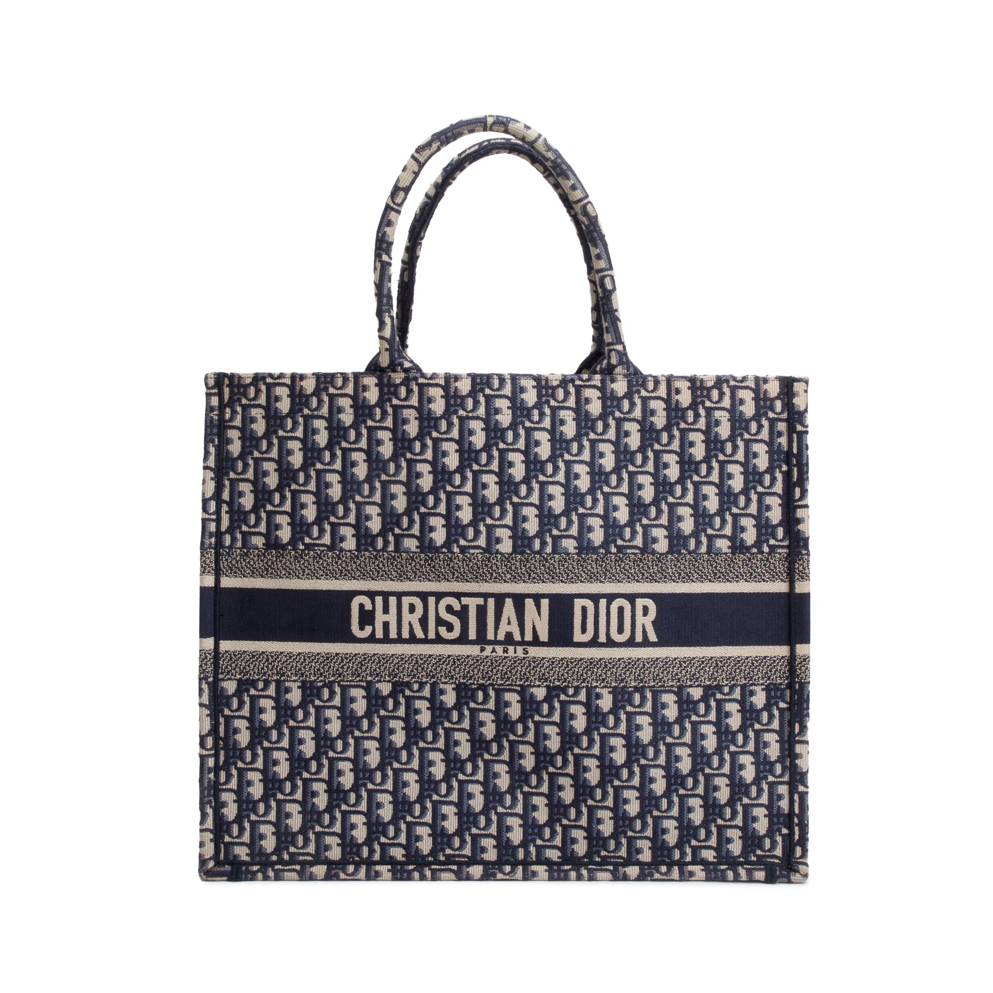 Christian Dior 2020 Ecru and Blue Dior Oblique Embroidery Large Book Tote