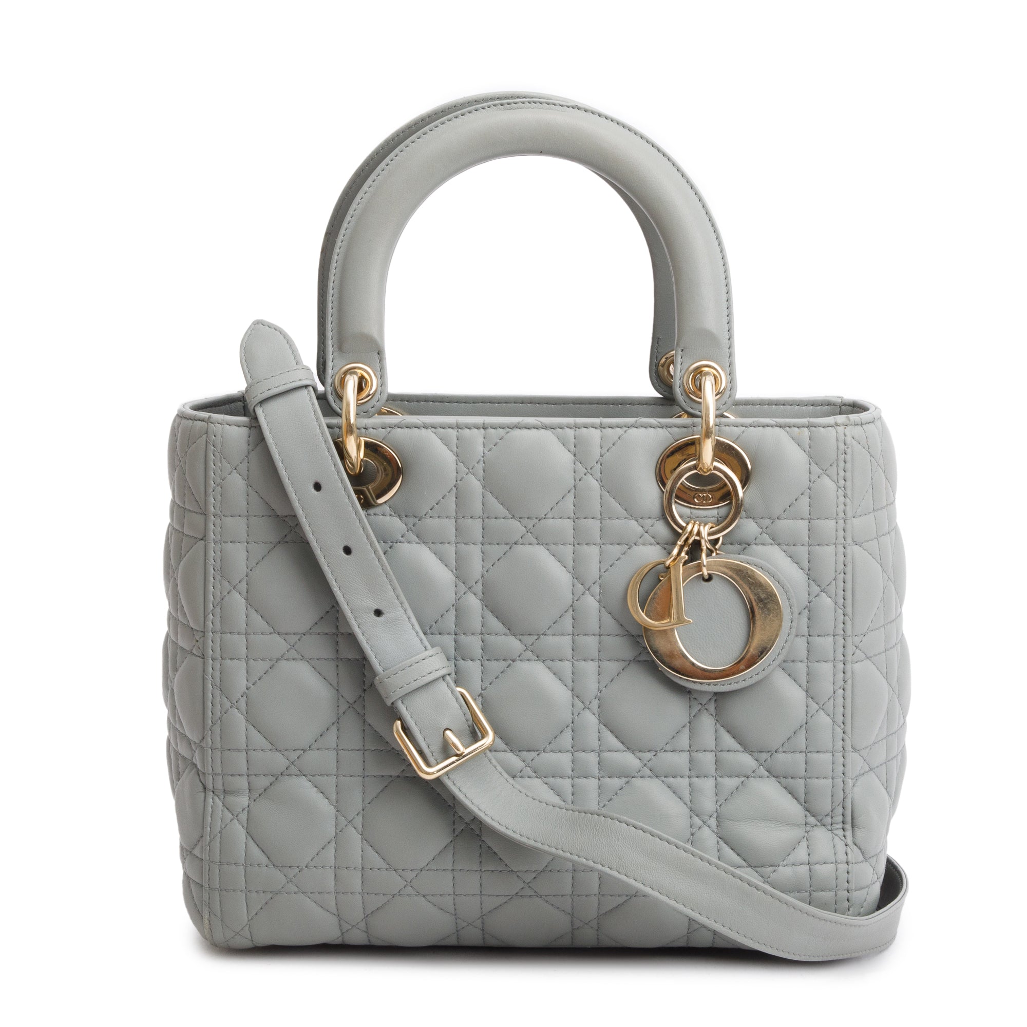 Christian Dior 2020 Grey Cannage Lambskin Leather Medium Lady Dior Bag w/ Strap
