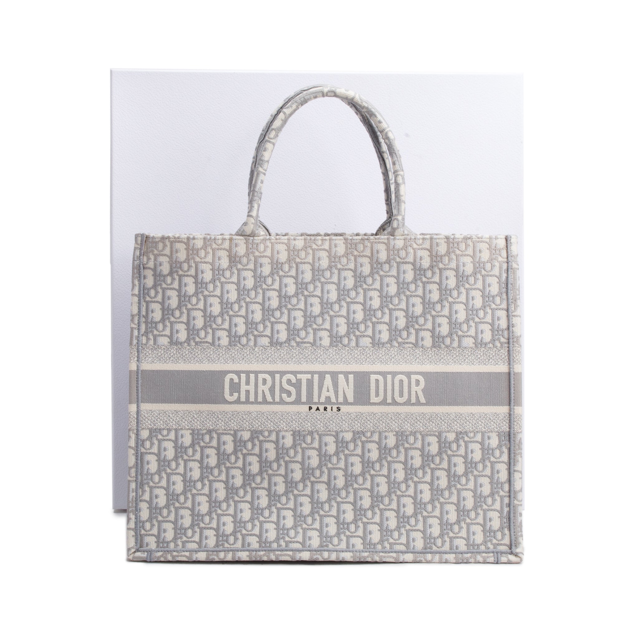 Christian Dior 2020 Grey & Neutral Dior Oblique Embroidery Large Book Tote w/ Box