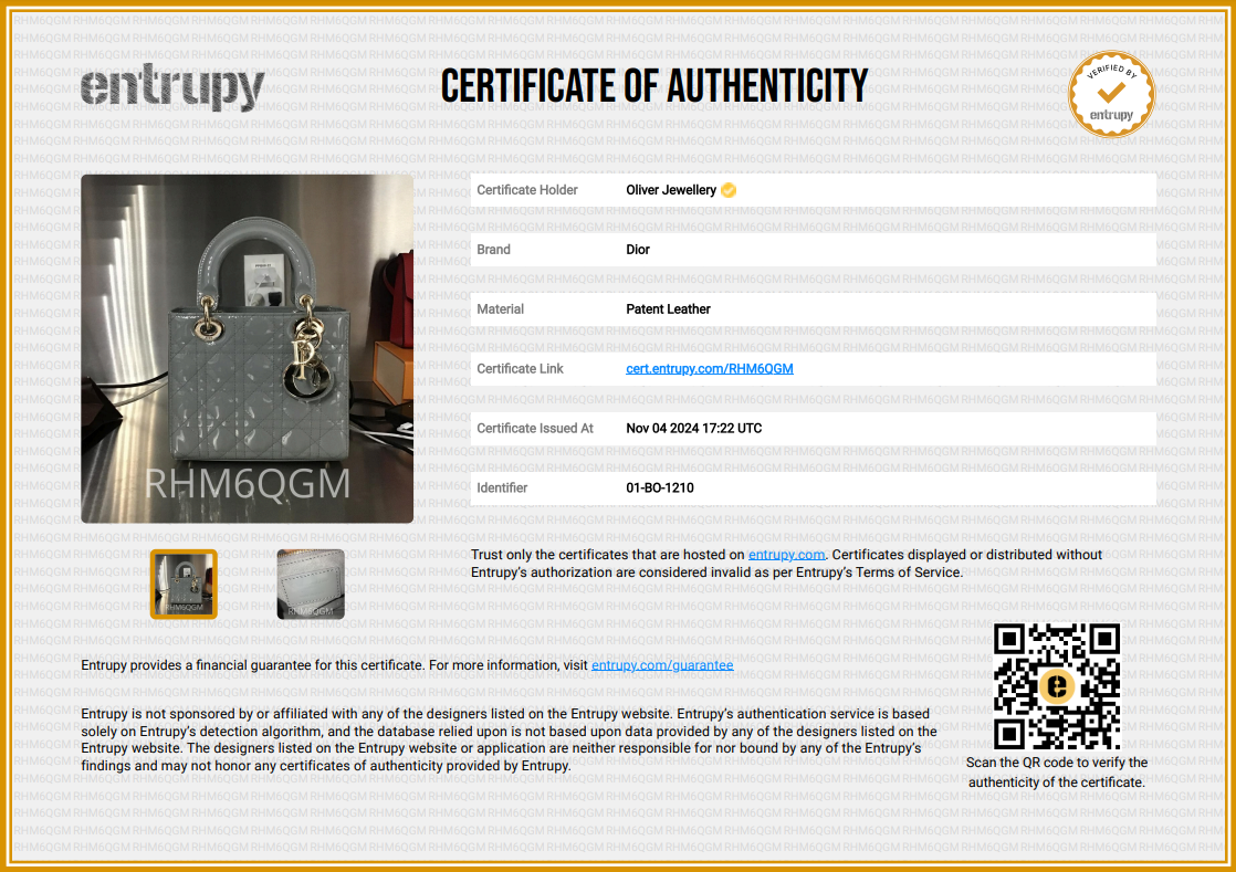 Christian Dior 2020 Grey Patent Cannage Leather Small Lady Dior Bag w/ Box & Authenticity Card