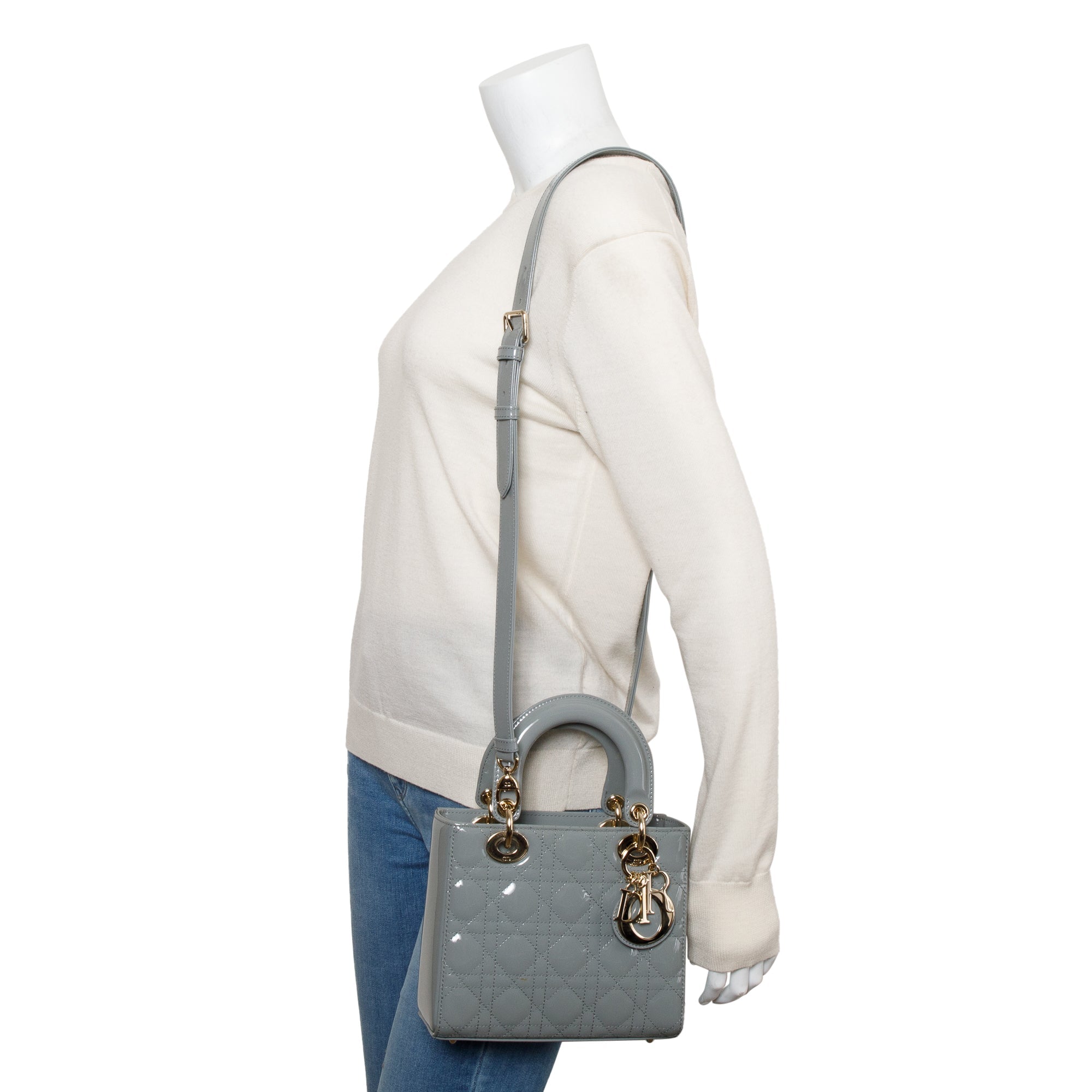 Christian Dior 2020 Grey Patent Cannage Leather Small Lady Dior Bag w/ Box & Authenticity Card