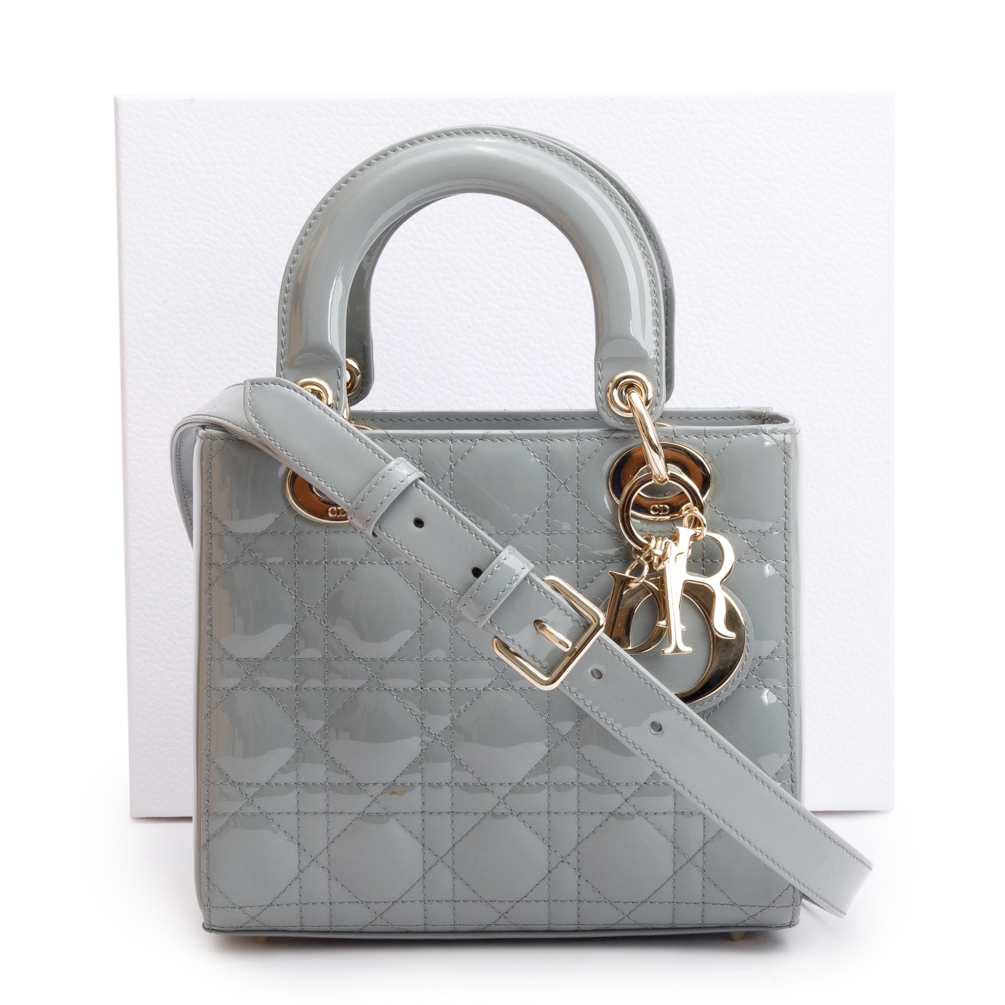 Christian Dior 2020 Grey Patent Cannage Leather Small Lady Dior Bag w/ Box & Authenticity Card