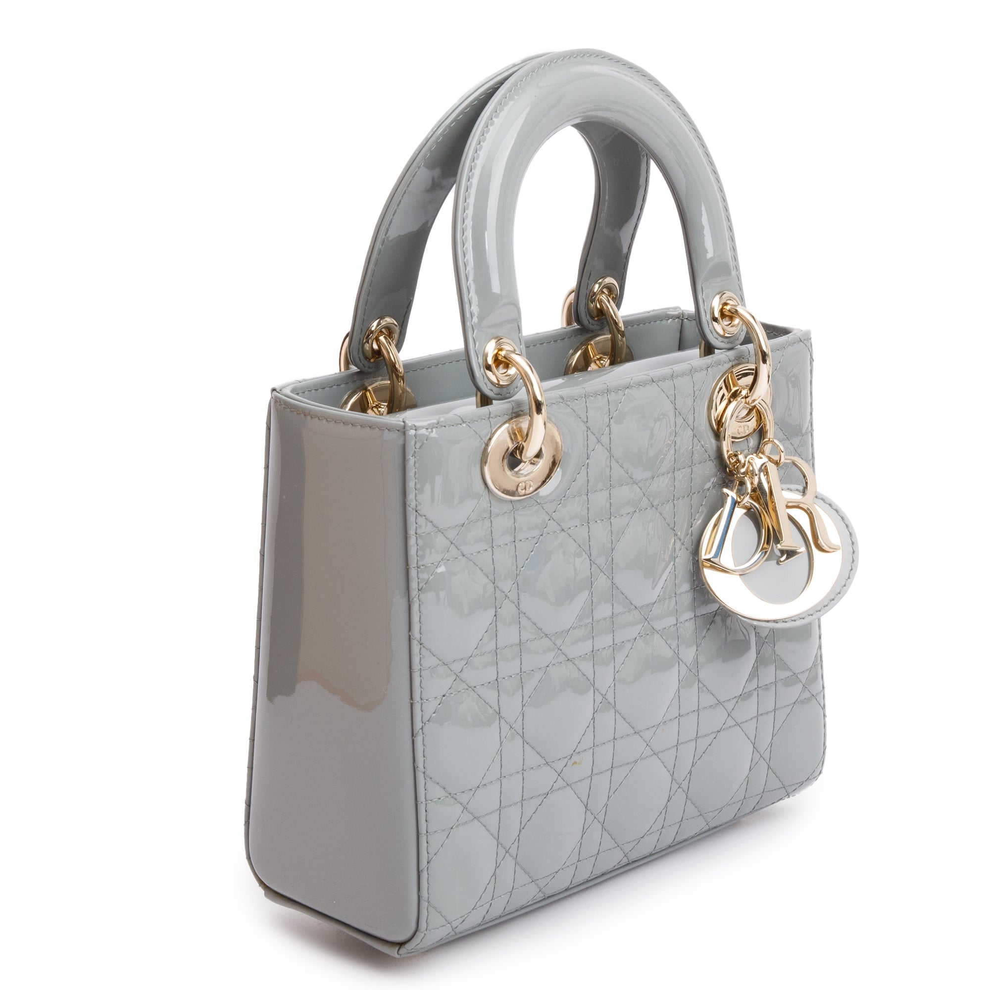 Christian Dior 2020 Grey Patent Cannage Leather Small Lady Dior Bag w/ Box & Authenticity Card