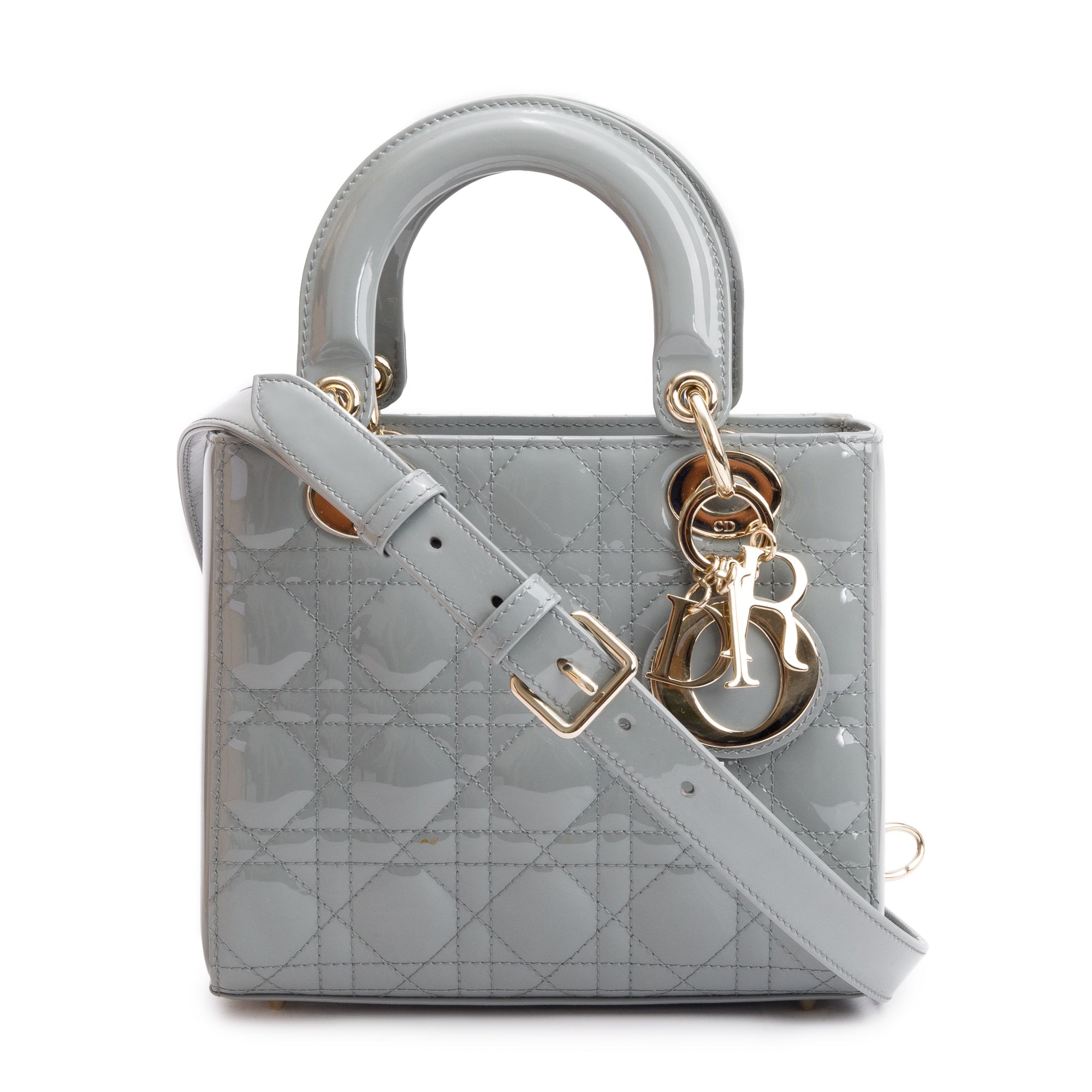 Christian Dior 2020 Grey Patent Cannage Leather Small Lady Dior Bag w/ Box & Authenticity Card