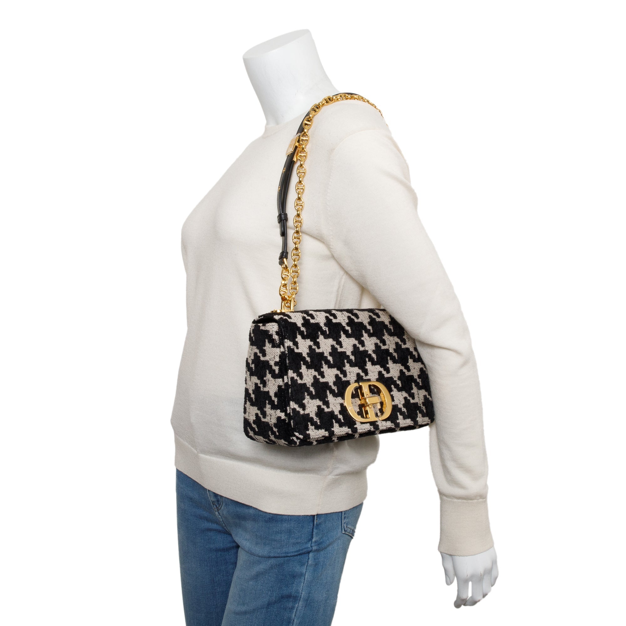Christian Dior 2021 Black/White Technical Canvas Macro Houndstooth Medium Dior Caro Bag w/ Box & Authenticity Card