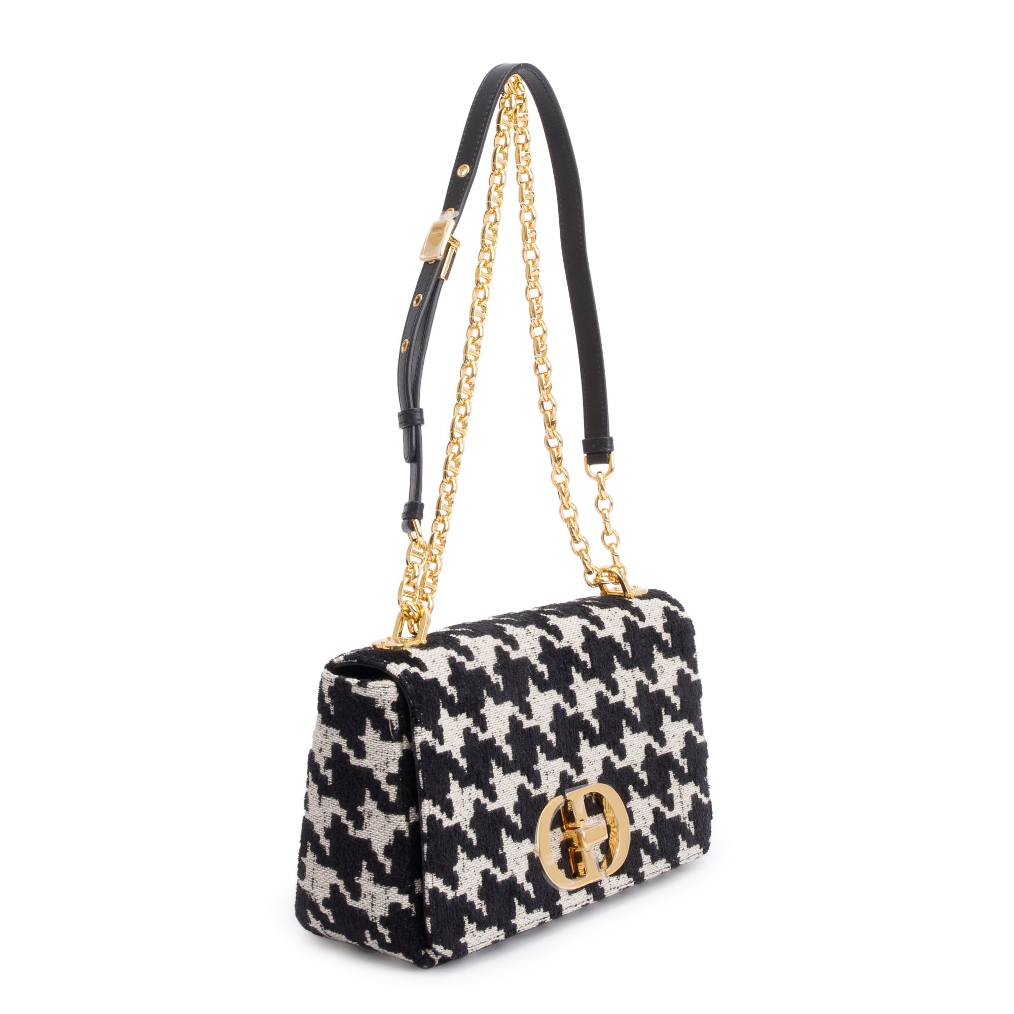Christian Dior 2021 Black/White Technical Canvas Macro Houndstooth Medium Dior Caro Bag w/ Box & Authenticity Card
