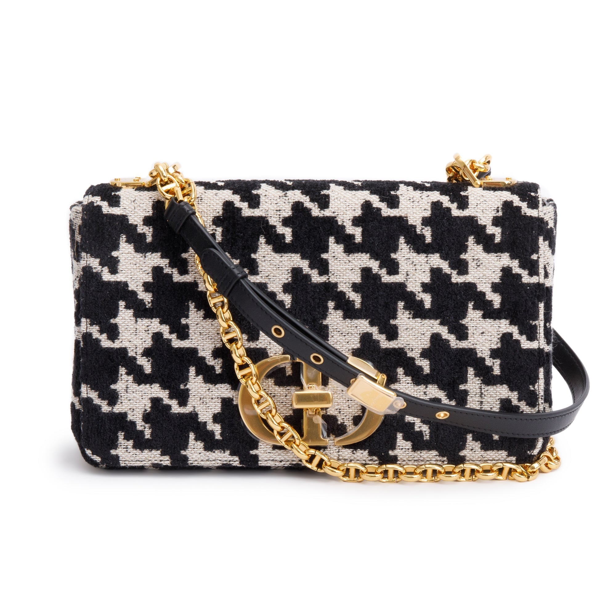Christian Dior 2021 Black/White Technical Canvas Macro Houndstooth Medium Dior Caro Bag w/ Box & Authenticity Card