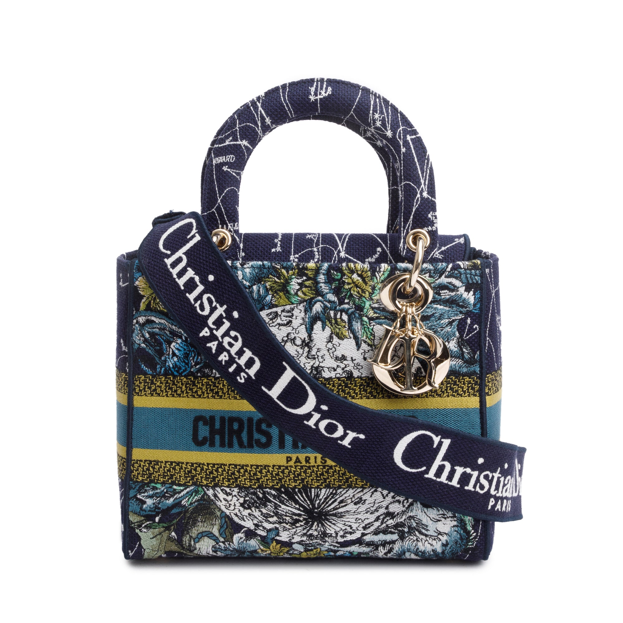 Christian Dior 2021 Blue Multicolor Zodiac Embroidery Medium Lady D-Lite Bag w/ Strap