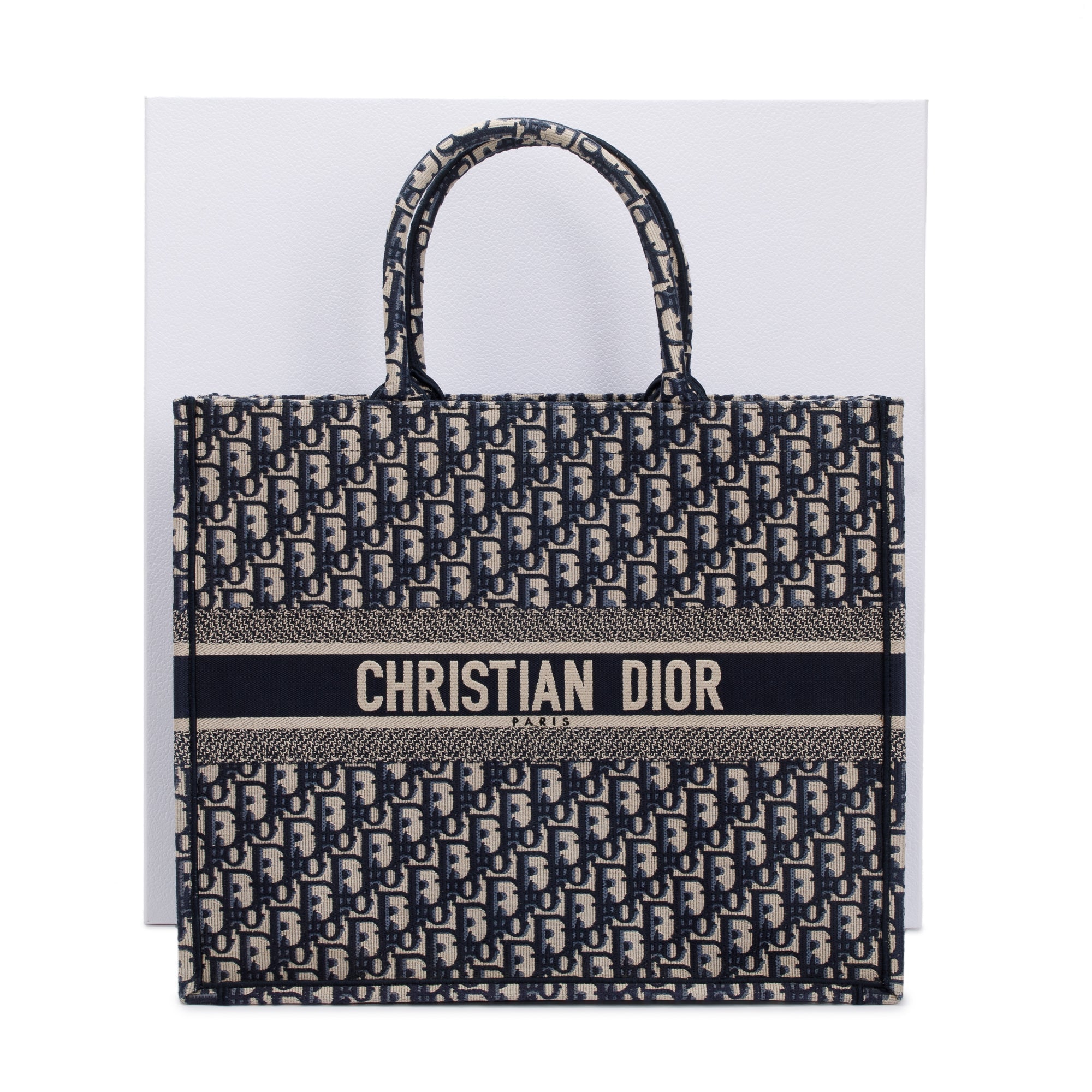 Christian Dior 2021 Ecru and Blue Dior Oblique Embroidery Large Book Tote w/ Box