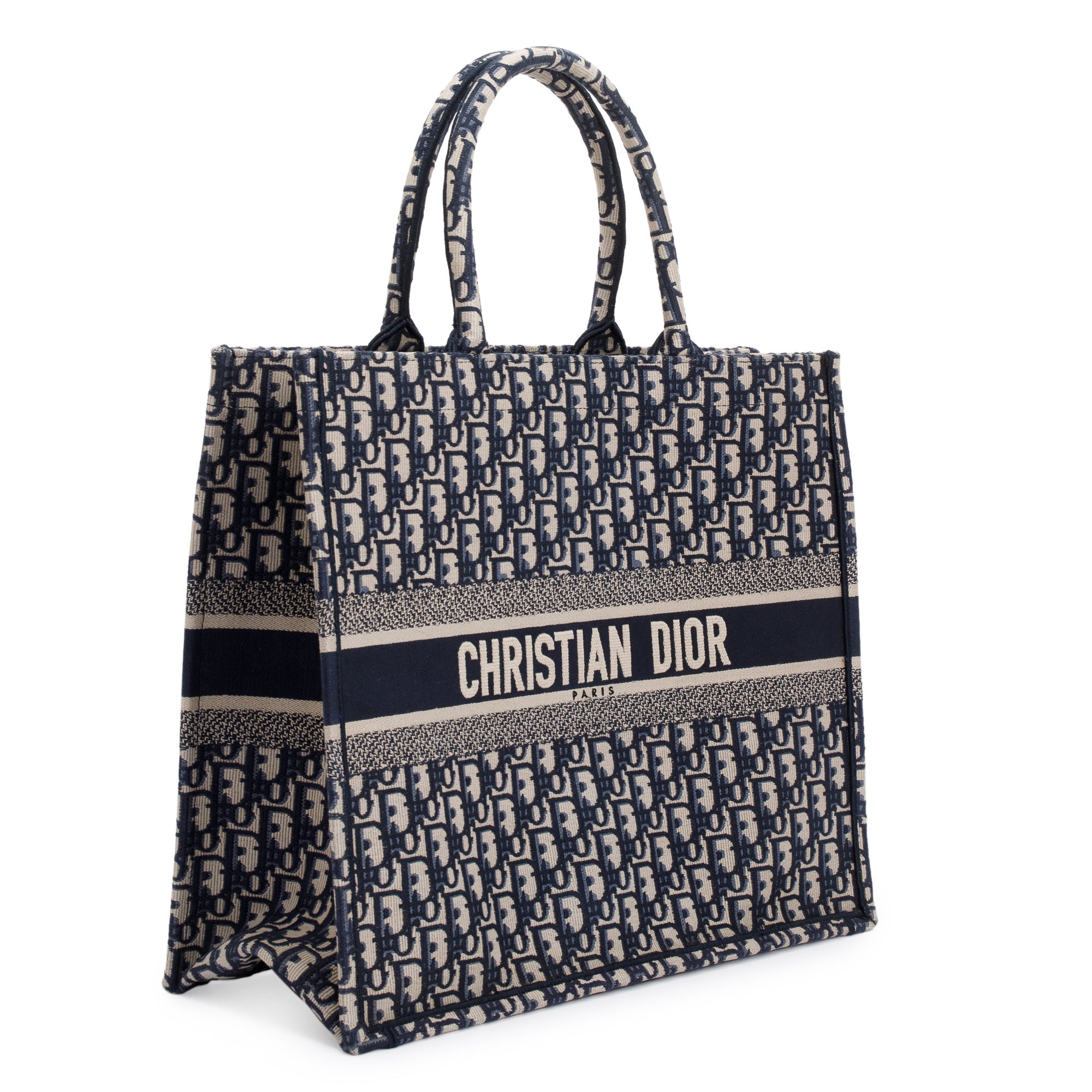 Christian Dior 2021 Ecru and Blue Dior Oblique Embroidery Large Book Tote w/ Box