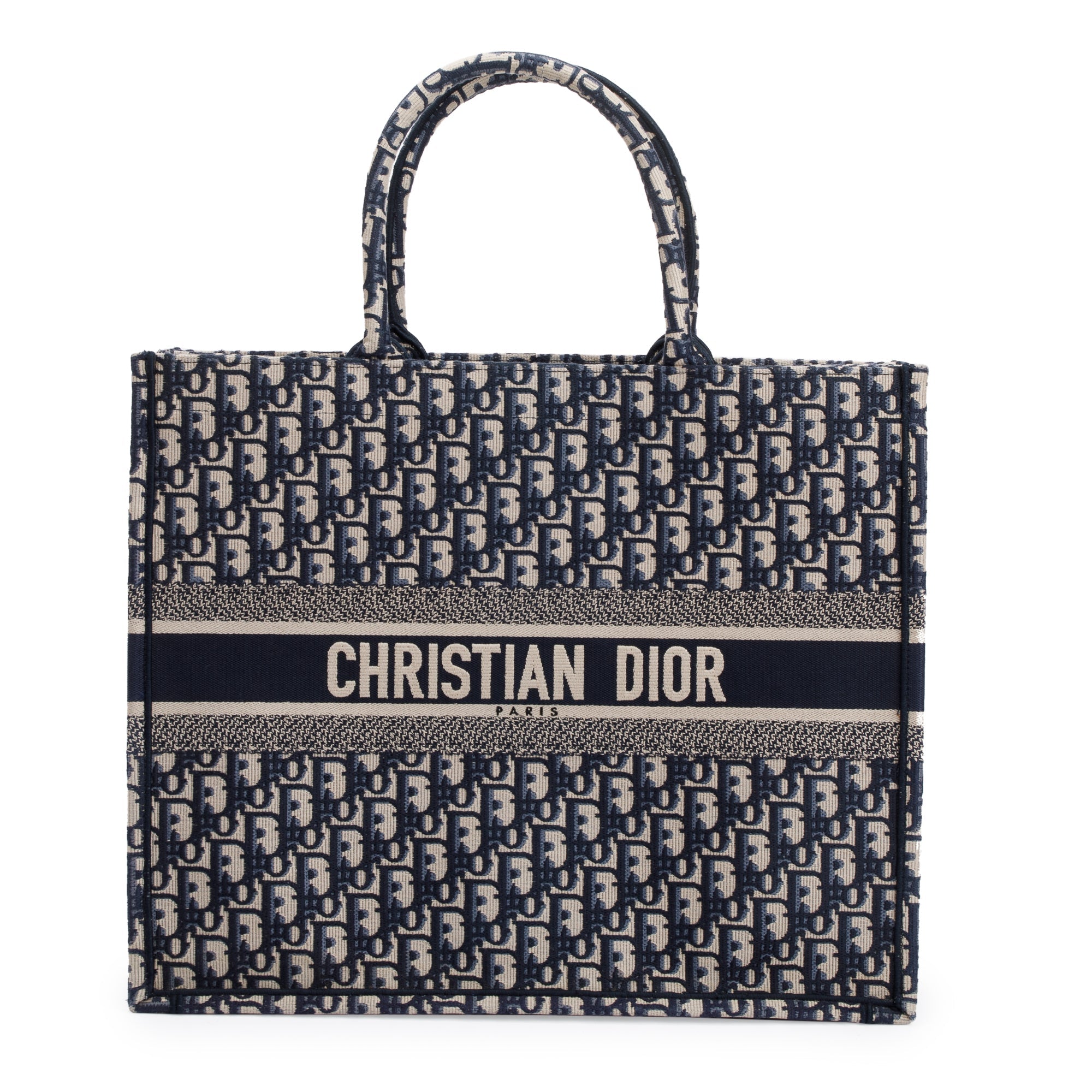 Christian Dior 2021 Ecru and Blue Dior Oblique Embroidery Large Book Tote w/ Box