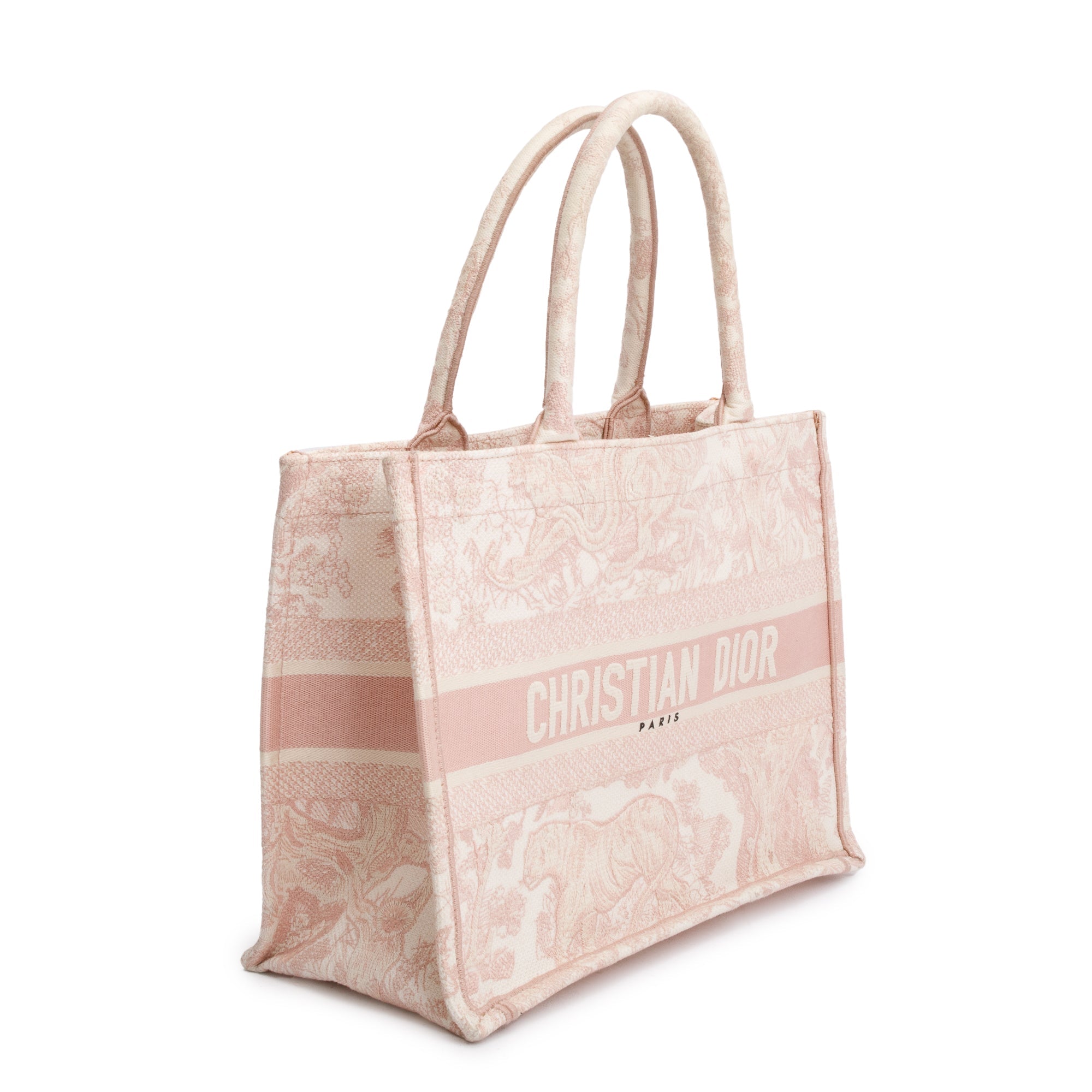 Christian Dior 2021 Ecru and Pink Toile De Jouy Embroidery Medium Book Tote w/ Authenticity Card