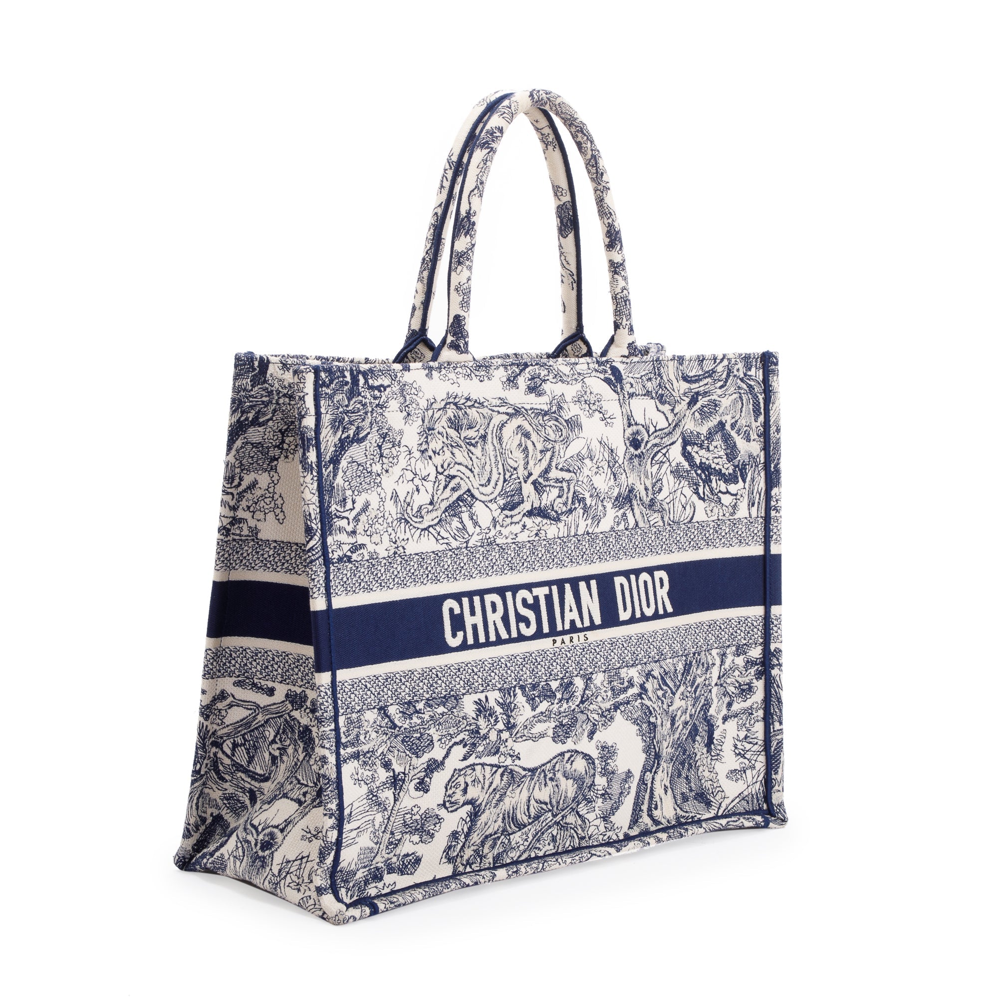 Christian Dior 2021 Large Ecru and Blue Toile de Jouy Embroidery Canvas Book Tote