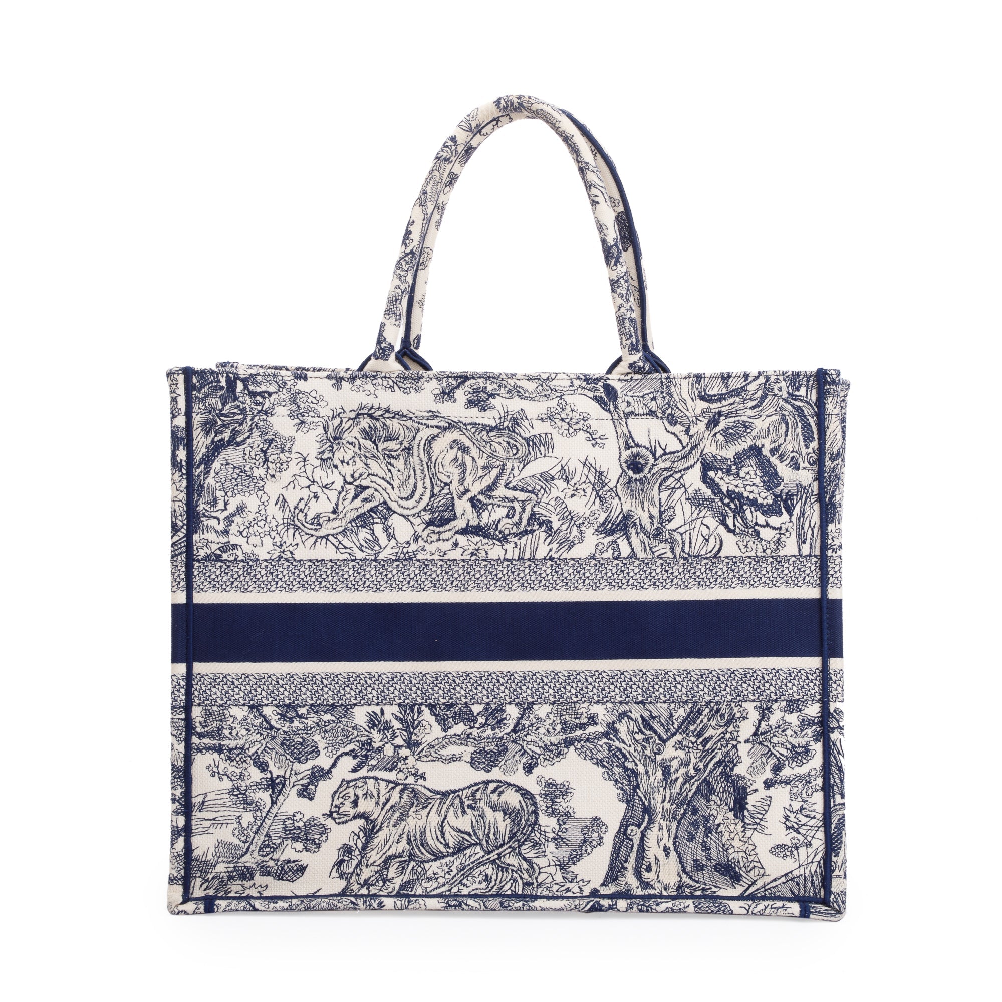 Christian Dior 2021 Large Ecru and Blue Toile de Jouy Embroidery Canvas Book Tote