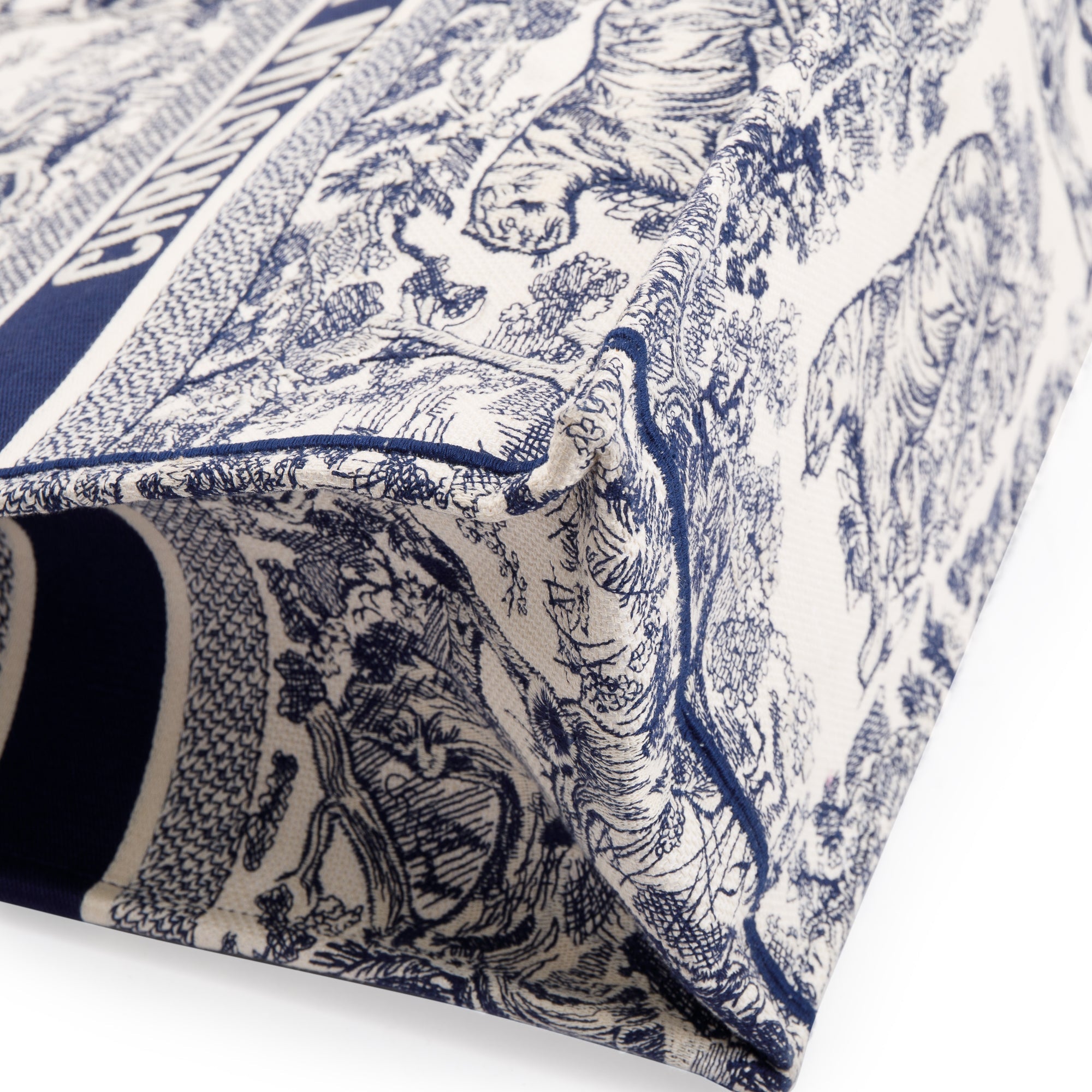 Christian Dior 2021 Large Ecru and Blue Toile de Jouy Embroidery Canvas Book Tote