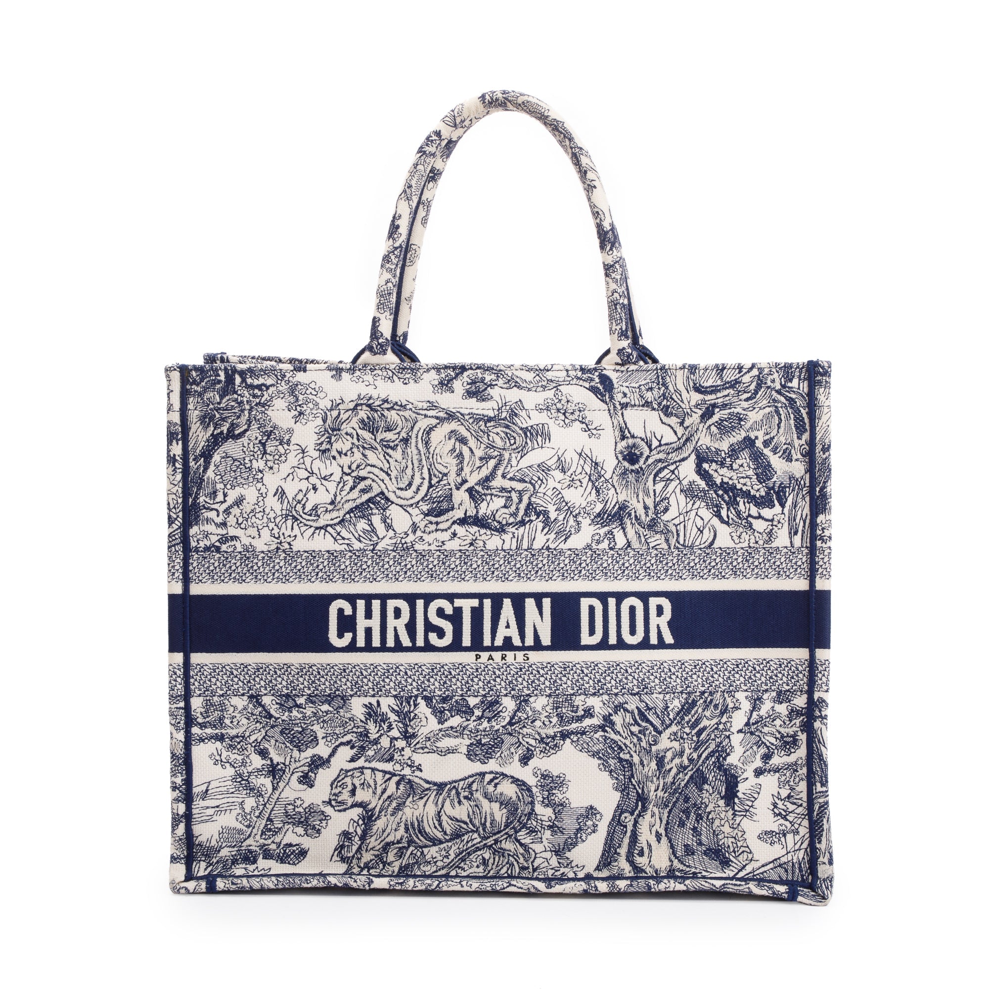 Christian Dior 2021 Large Ecru and Blue Toile de Jouy Embroidery Canvas Book Tote