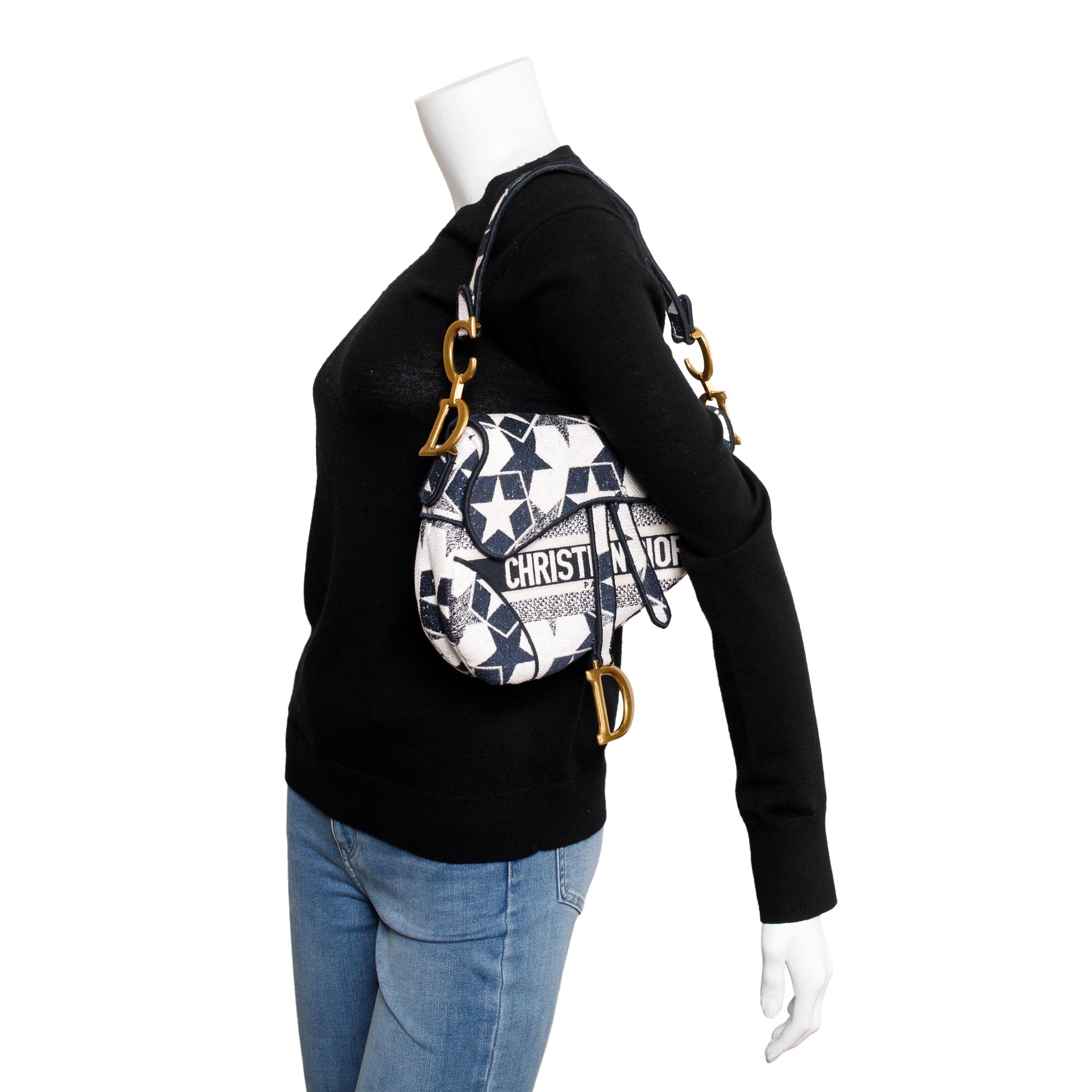 Christian Dior 2021 Navy & White Stars Embroidered Medium Saddle Bag w/ Box, Receipt & Authenticity Card