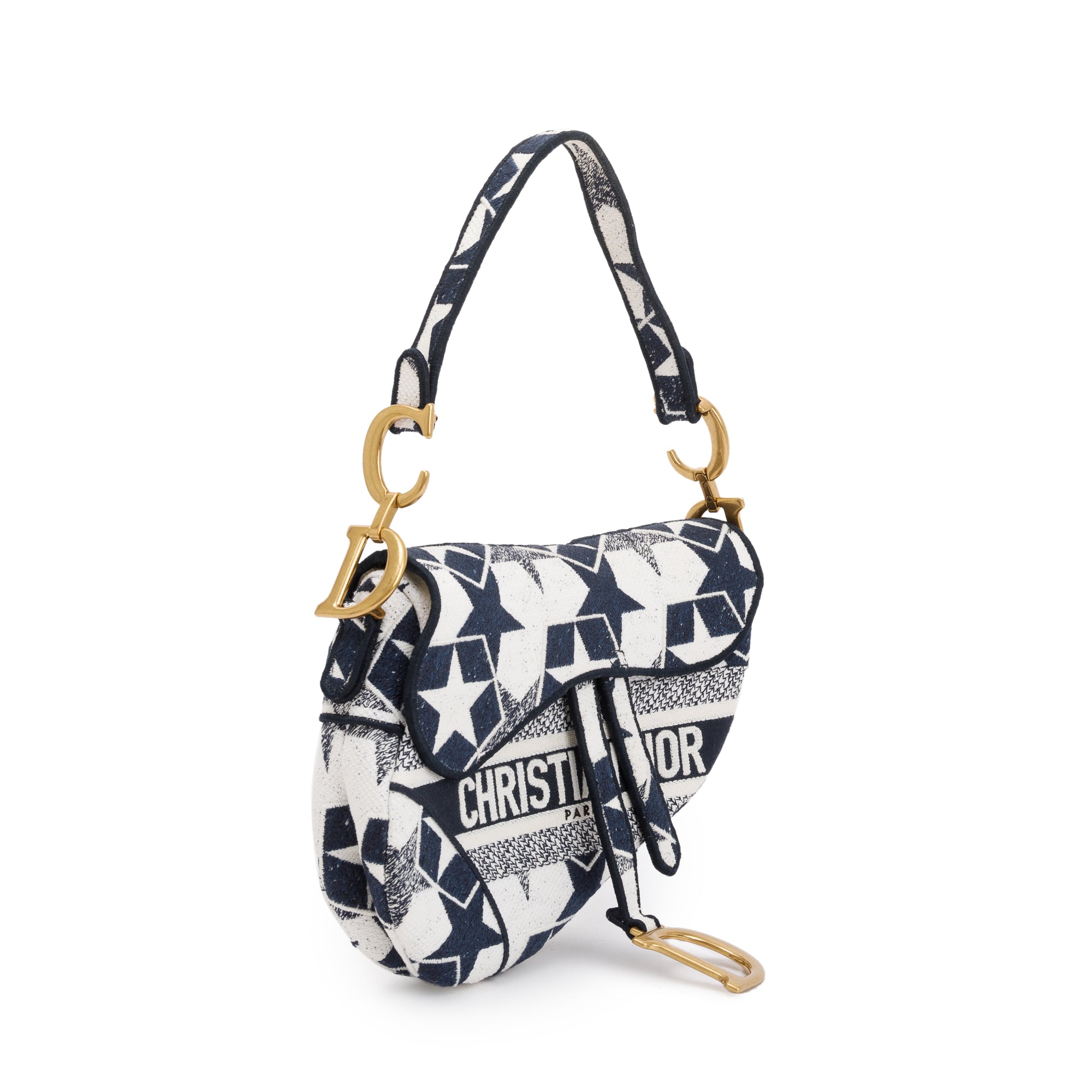 Christian Dior 2021 Navy & White Stars Embroidered Medium Saddle Bag w/ Box, Receipt & Authenticity Card