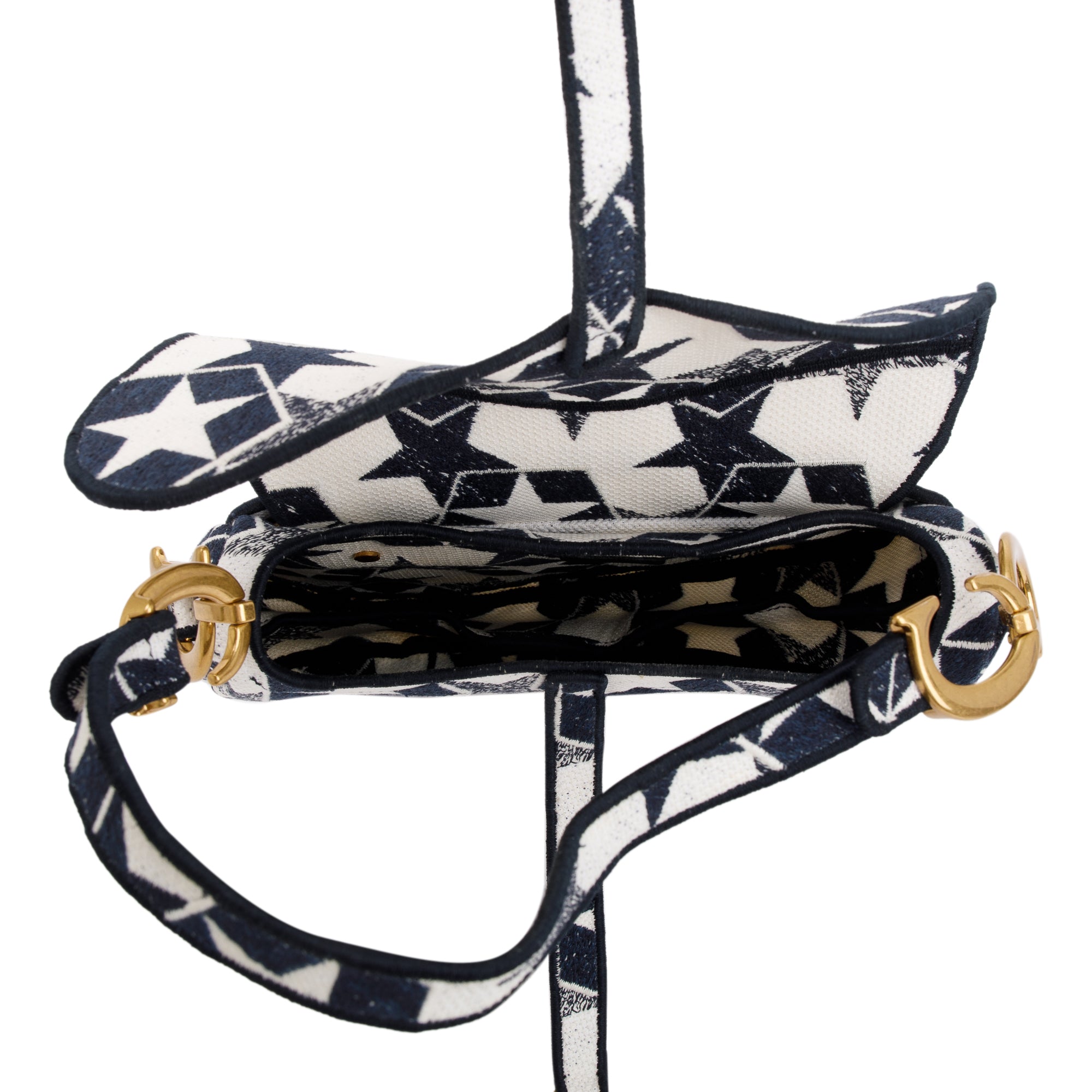 Christian Dior 2021 Navy & White Stars Embroidered Medium Saddle Bag w/ Box, Receipt & Authenticity Card