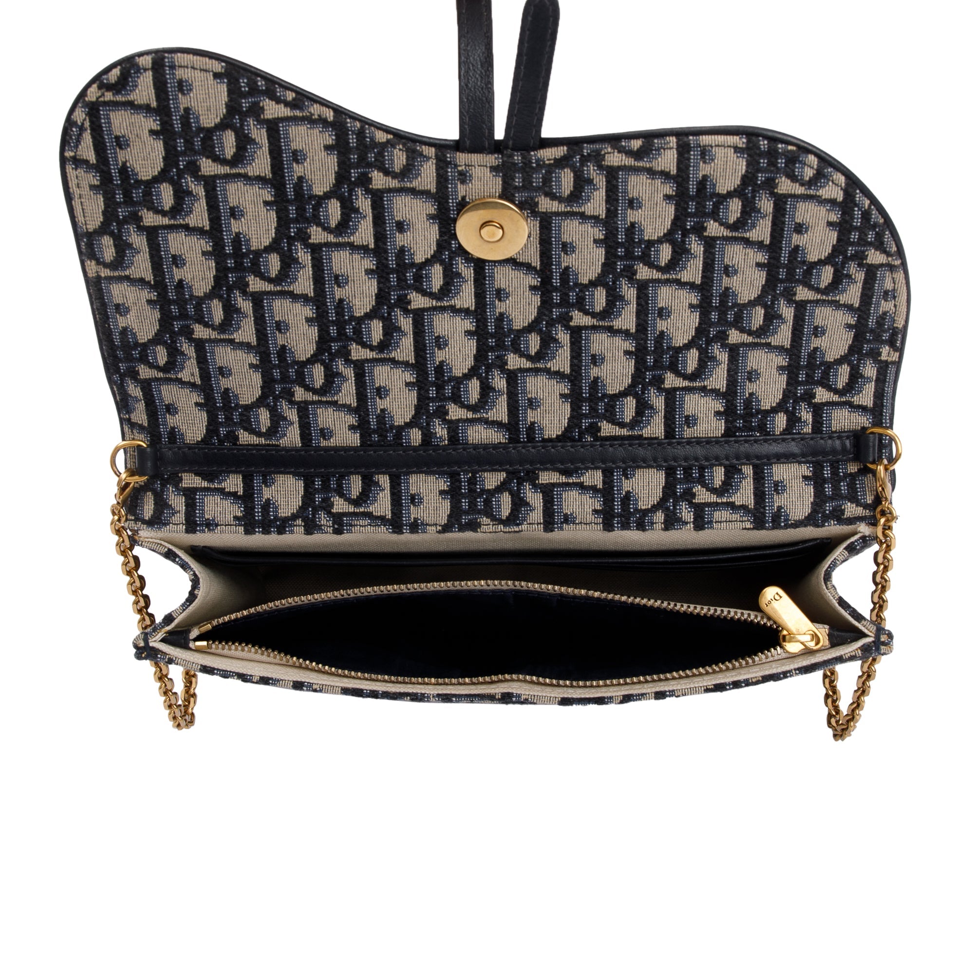 Christian Dior 2021 Oblique Jacquard Saddle Pouch with Chain w/ Box