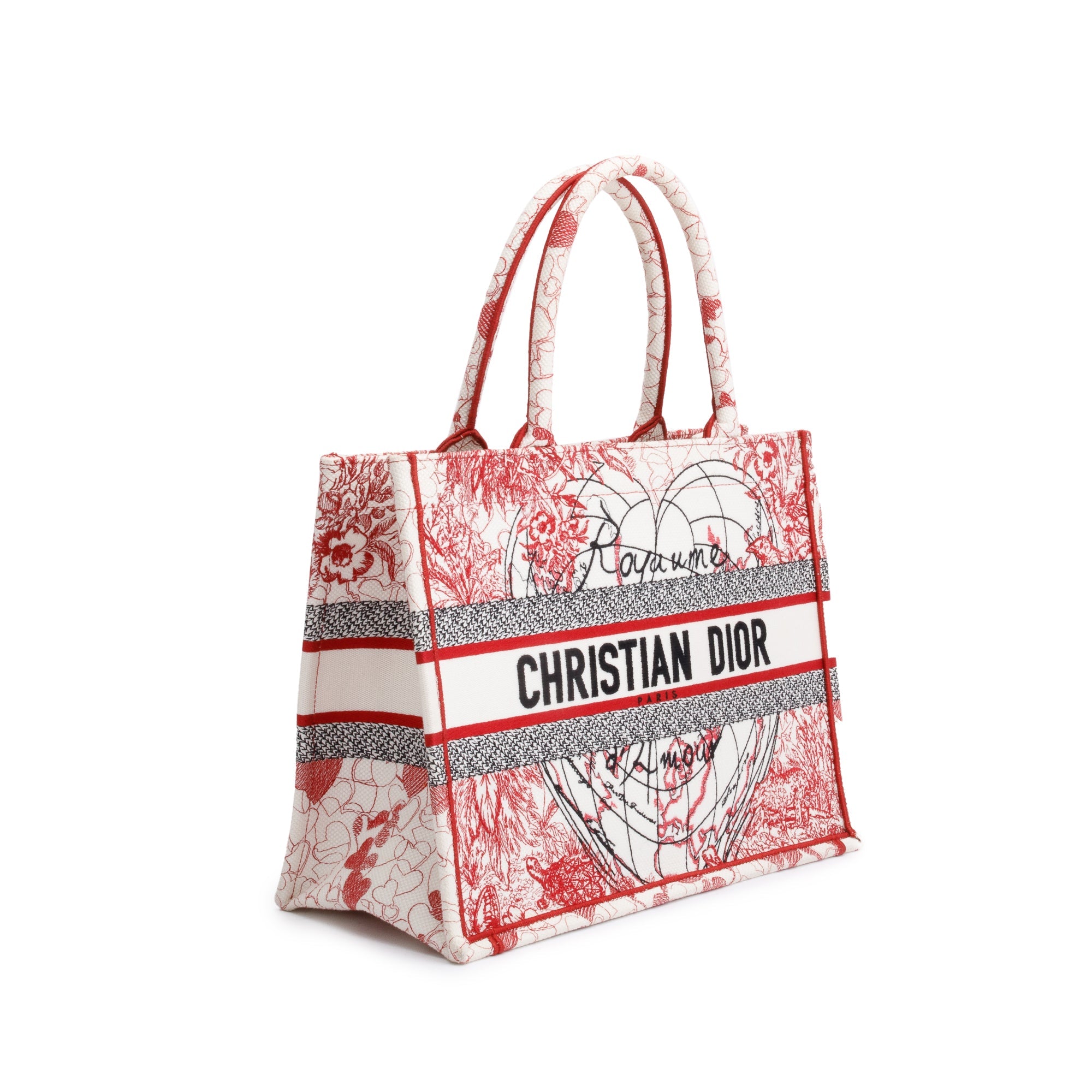 Christian Dior 2021 Red & White Royaume d'Amour Embroidery Medium Book Tote w/ Authenticity Card