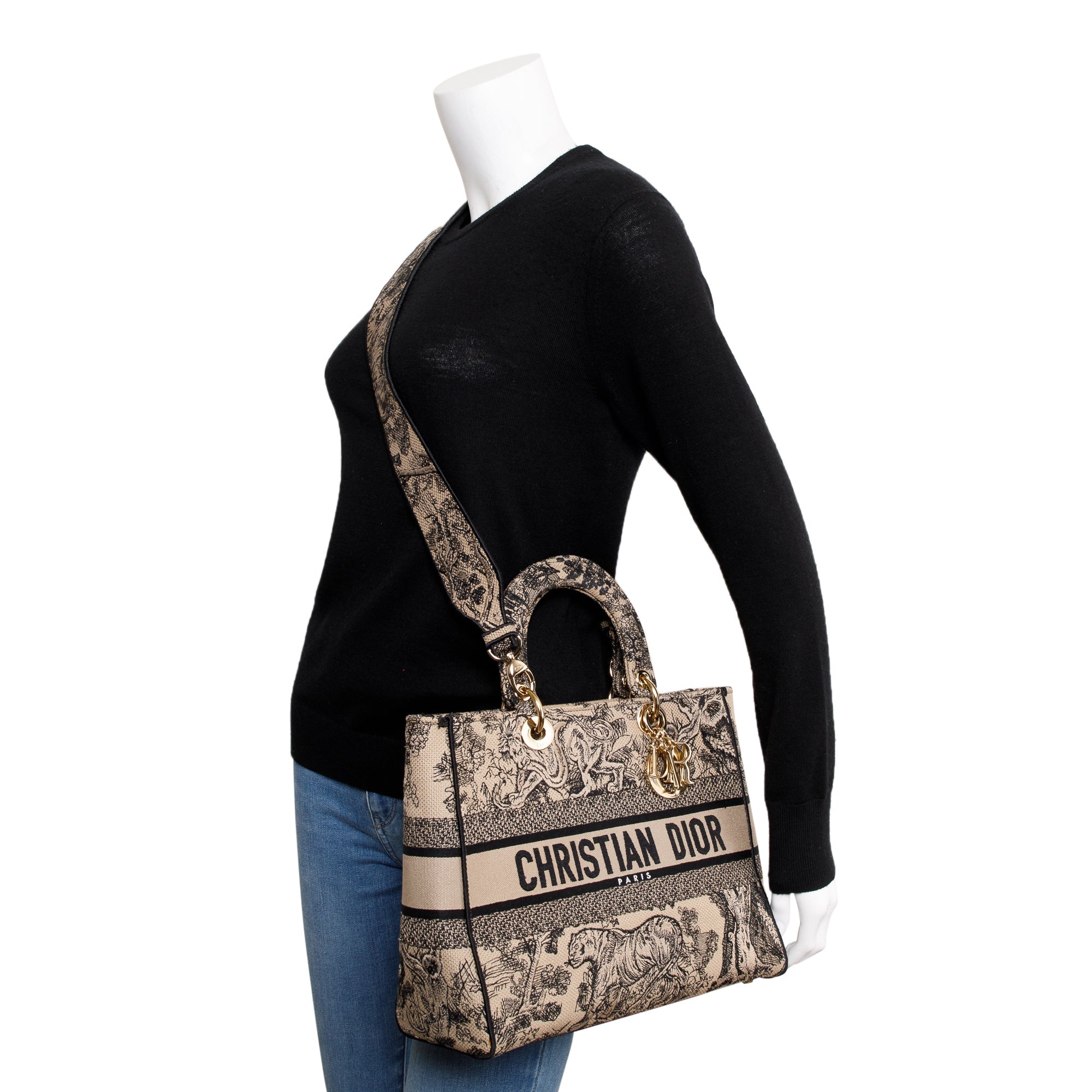 Christian Dior 2022 Beige & Black Toile De Jouy Soleil Embroidery Medium Lady D-Lite Bag w/ Strap & Box