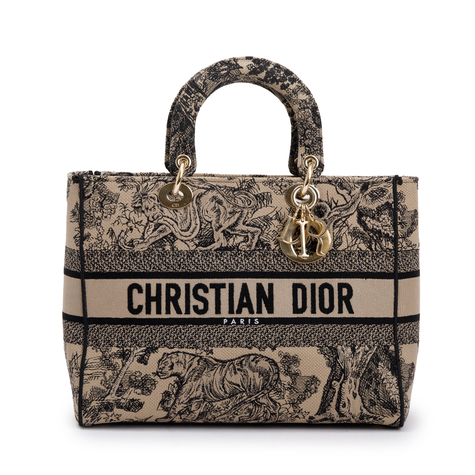 Christian Dior 2022 Beige & Black Toile De Jouy Soleil Embroidery Medium Lady D-Lite Bag w/ Strap & Box
