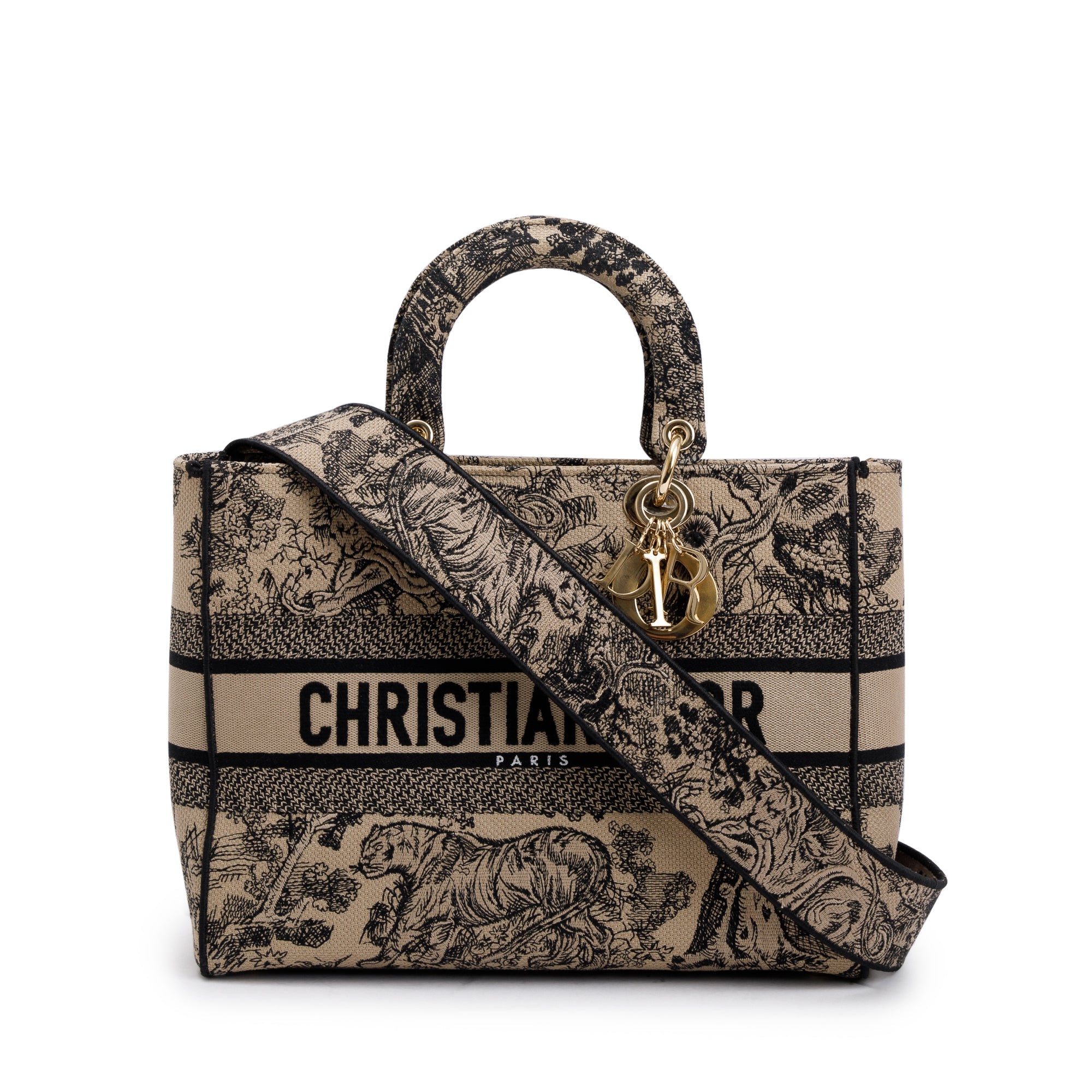 Christian Dior 2022 Beige & Black Toile De Jouy Soleil Embroidery Medium Lady D-Lite Bag w/ Strap & Box