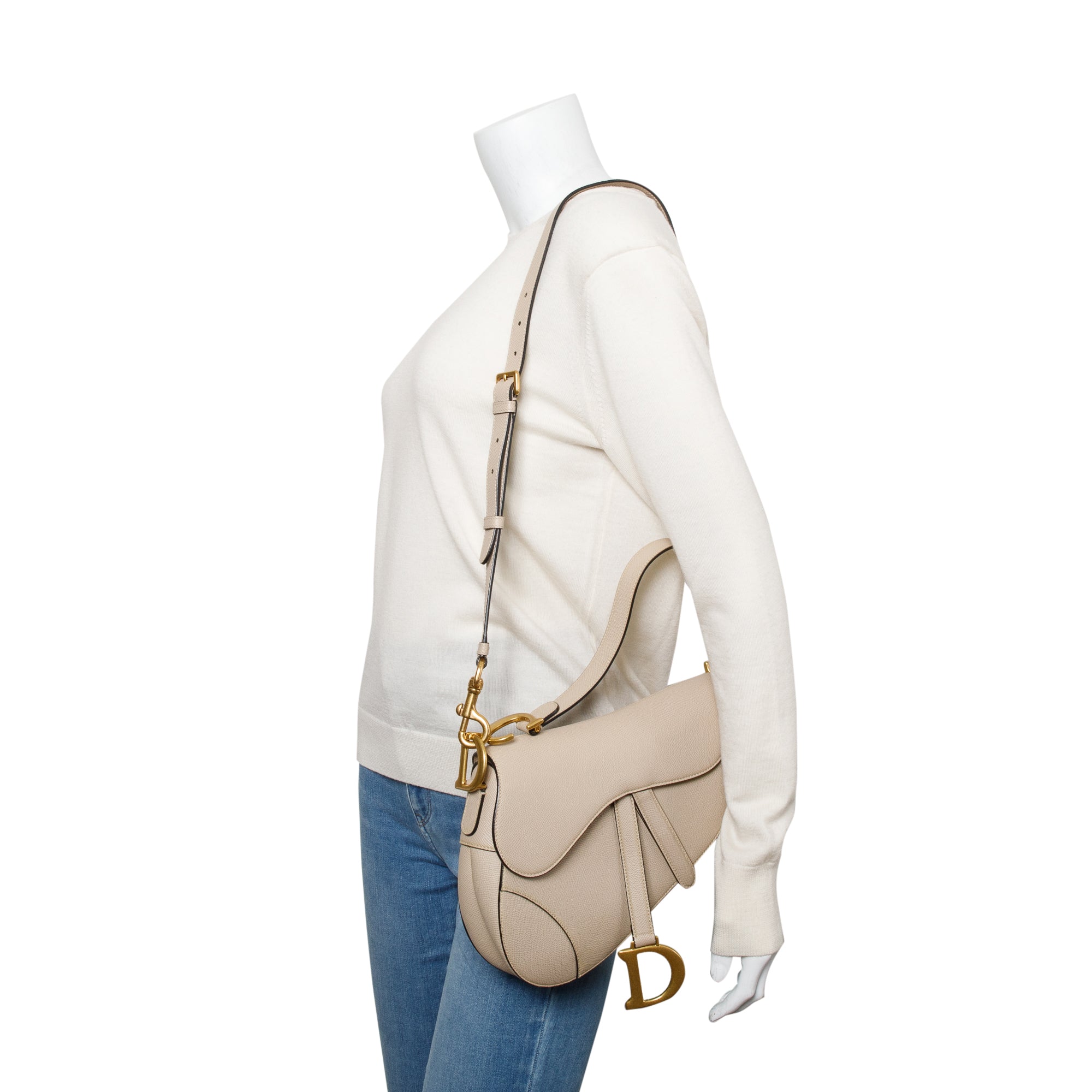 Christian Dior 2022 Beige Grained Calfskin Leather Saddle Bag w/ Strap & Authenticity Card