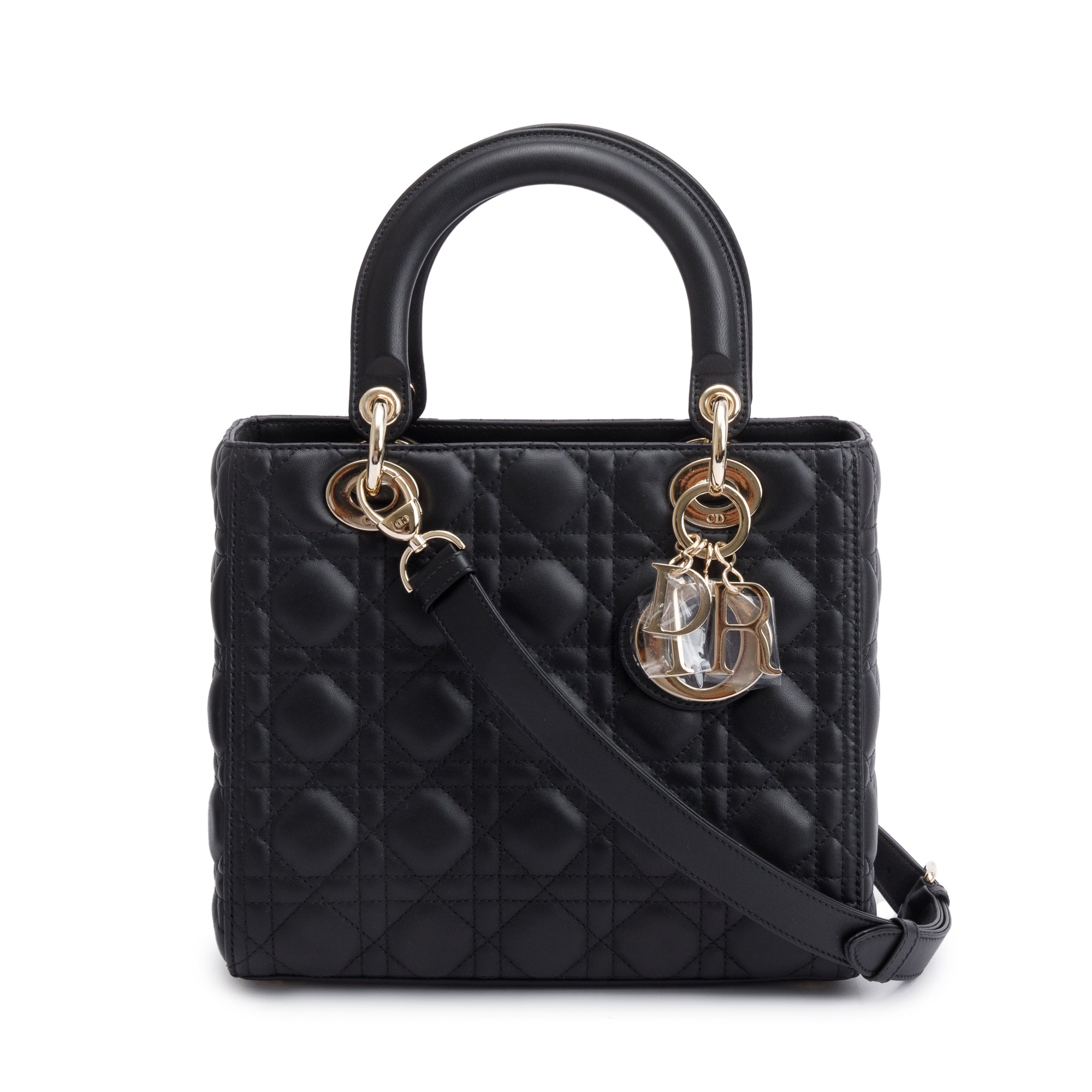 Christian Dior 2022 Black Cannage Lambskin Leather Medium Lady Dior Bag w/ Strap