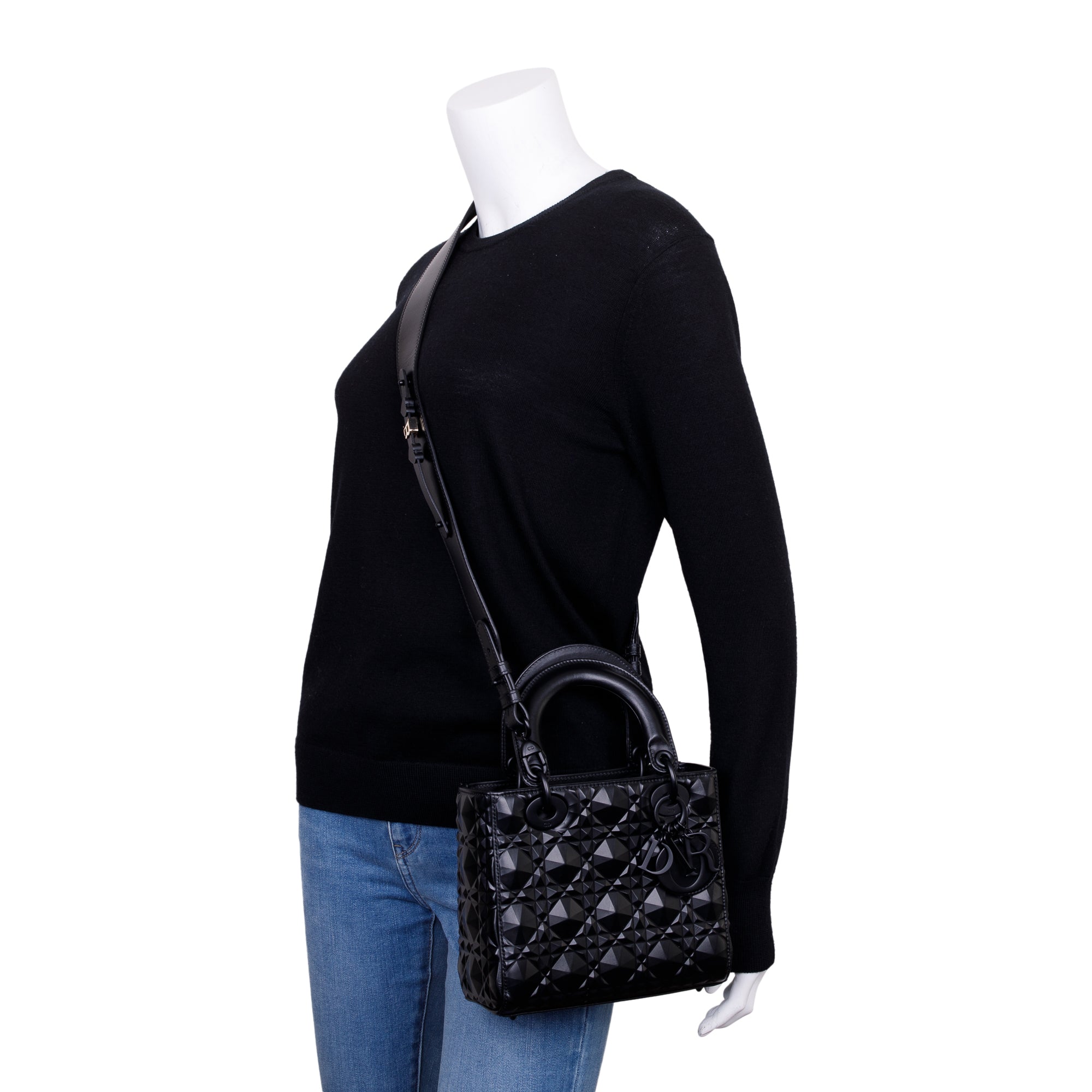 Christian Dior 2022 Black Diamond Motif Cannage Leather Small Lady Dior My Abcdior Bag w/ Strap & Authenticity Card