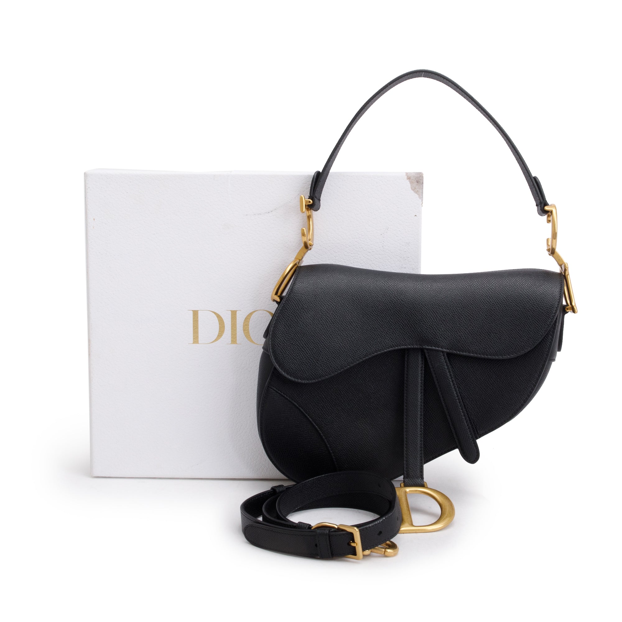 Christian Dior 2022 Black Grained Calfskin Leather Saddle Bag w/ Strap, Box & Authenticity Card