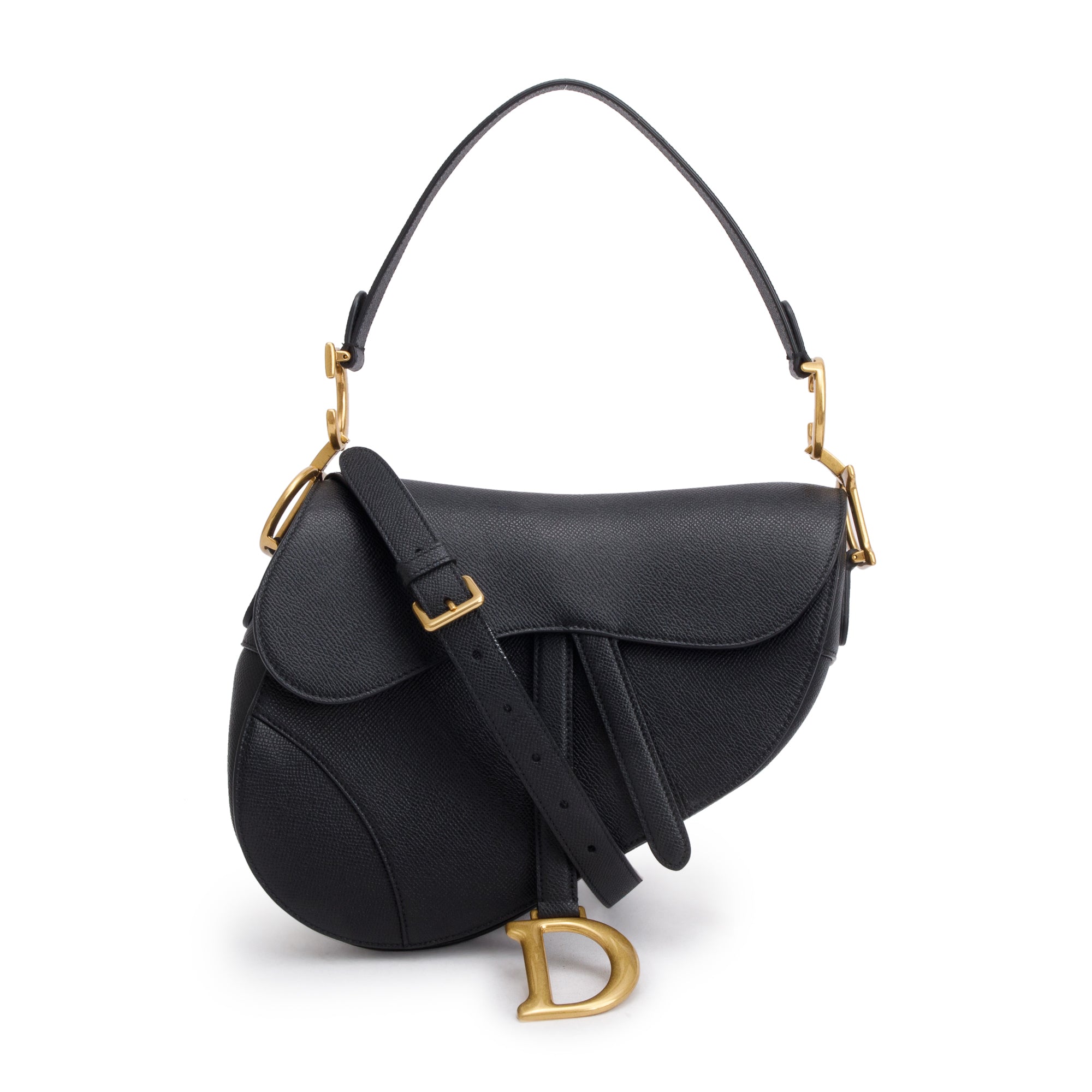 Christian Dior 2022 Black Grained Calfskin Leather Saddle Bag w/ Strap, Box & Authenticity Card