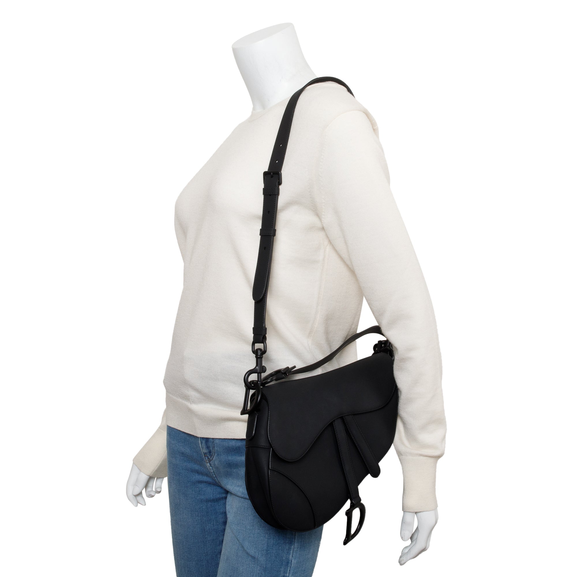 Christian Dior 2022 Black Ultramatte Calfskin Leather Medium Saddle Bag w/ Strap