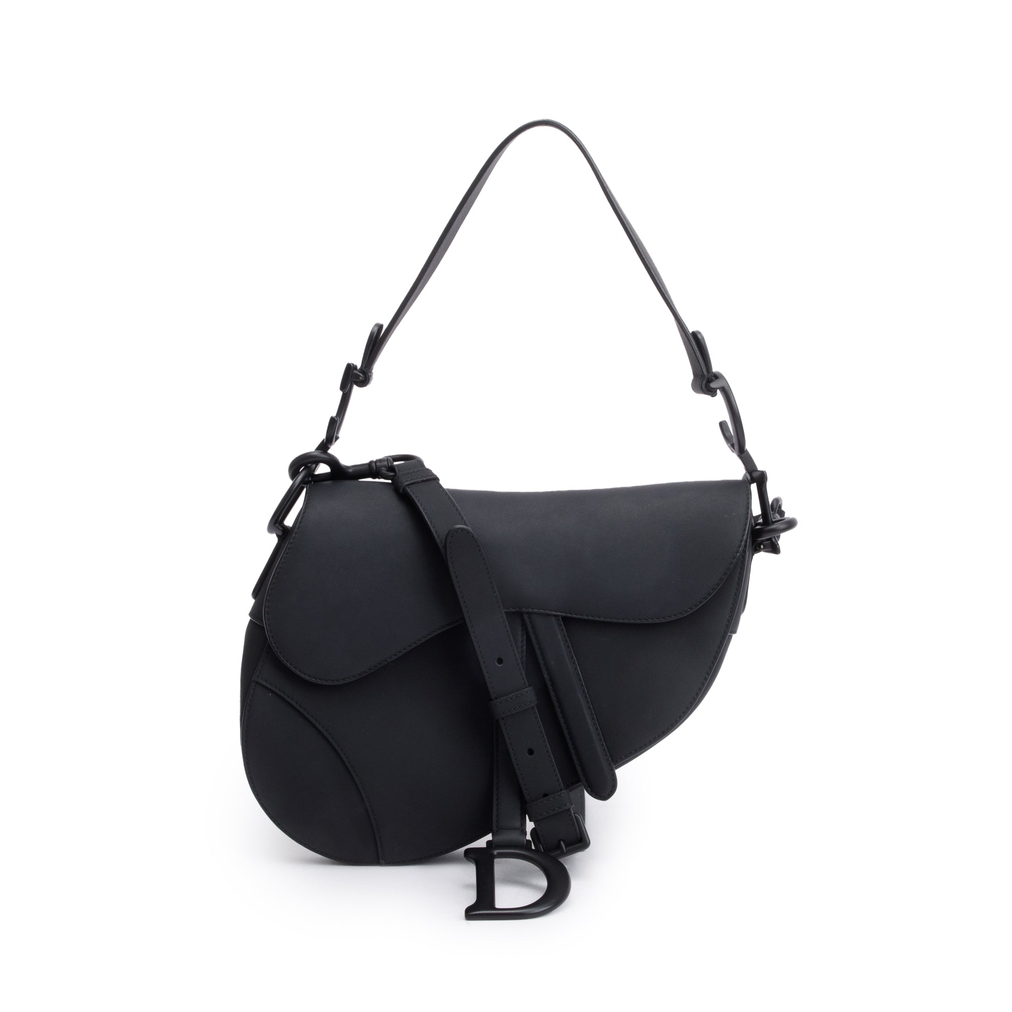 Christian Dior 2022 Black Ultramatte Calfskin Leather Medium Saddle Bag w/ Strap