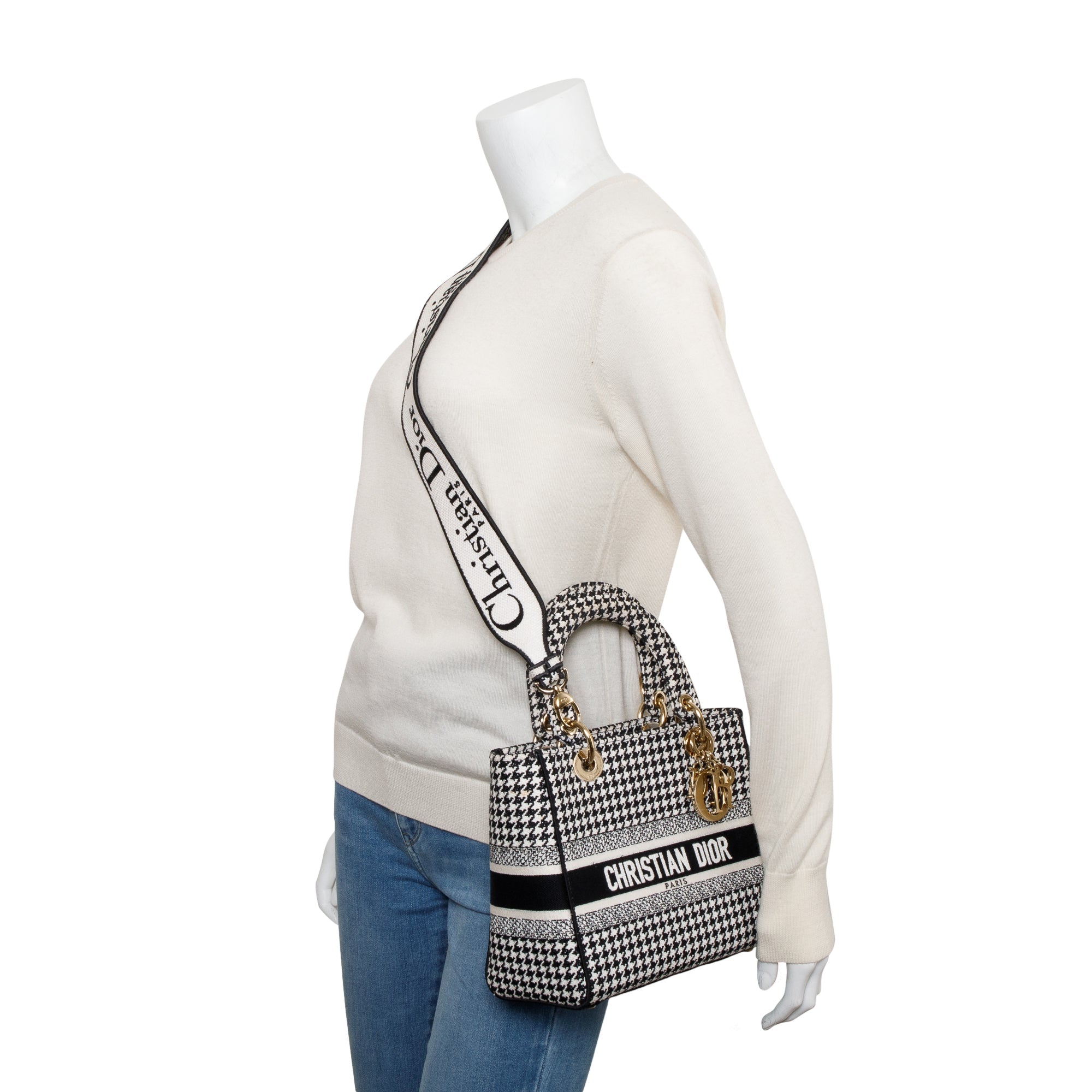 Christian Dior 2022 Black/White Houndstooth Embroidered Medium Lady D-Lite Bag w/ Strap