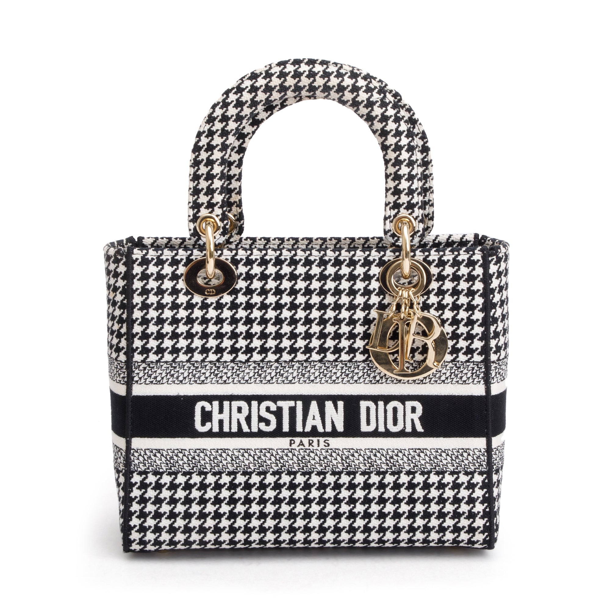 Christian Dior 2022 Black/White Houndstooth Embroidered Medium Lady D-Lite Bag w/ Strap
