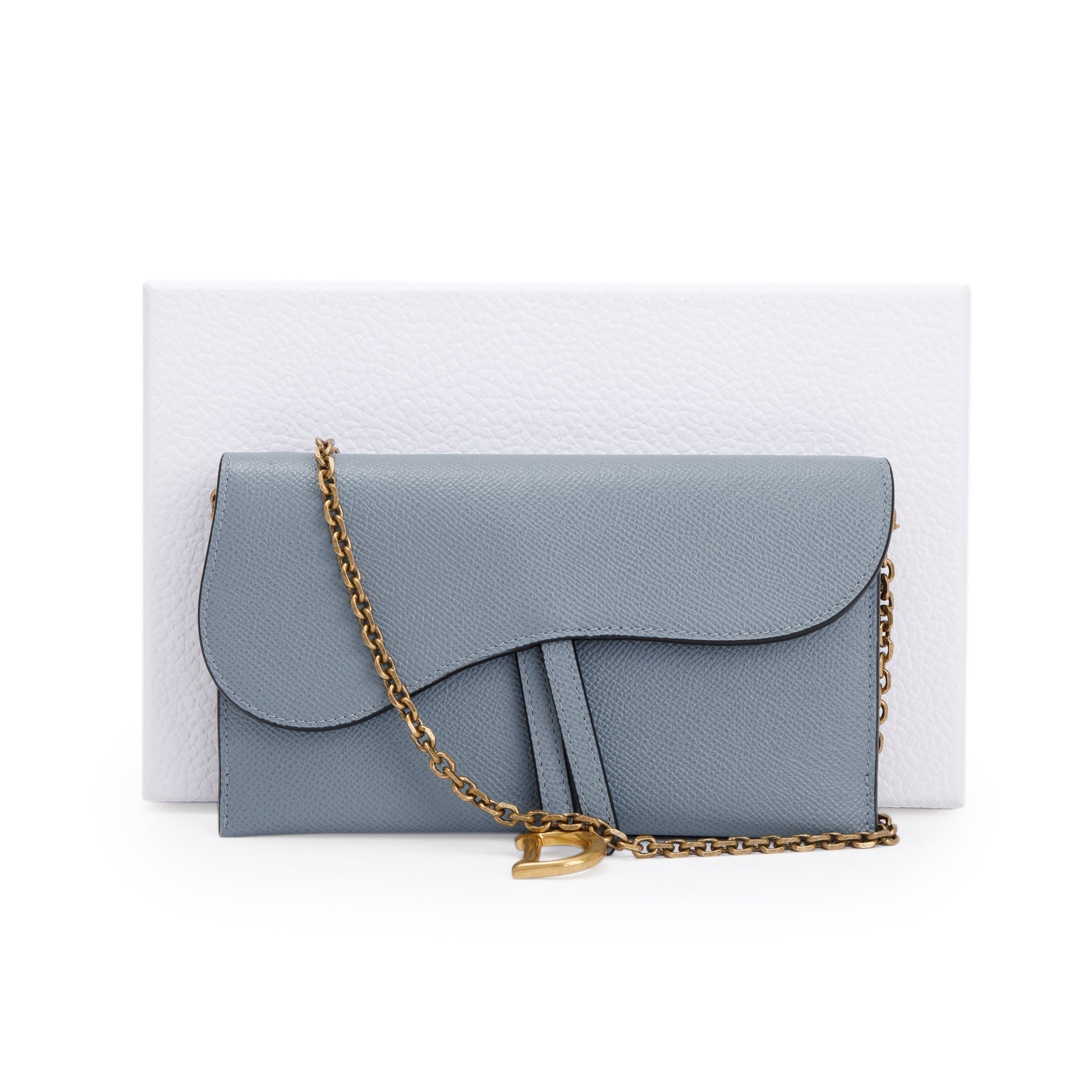 Christian Dior 2022 Blue Grained Calfskin Leather Saddle Chain Pouch w/ Box, Strap & Pouch