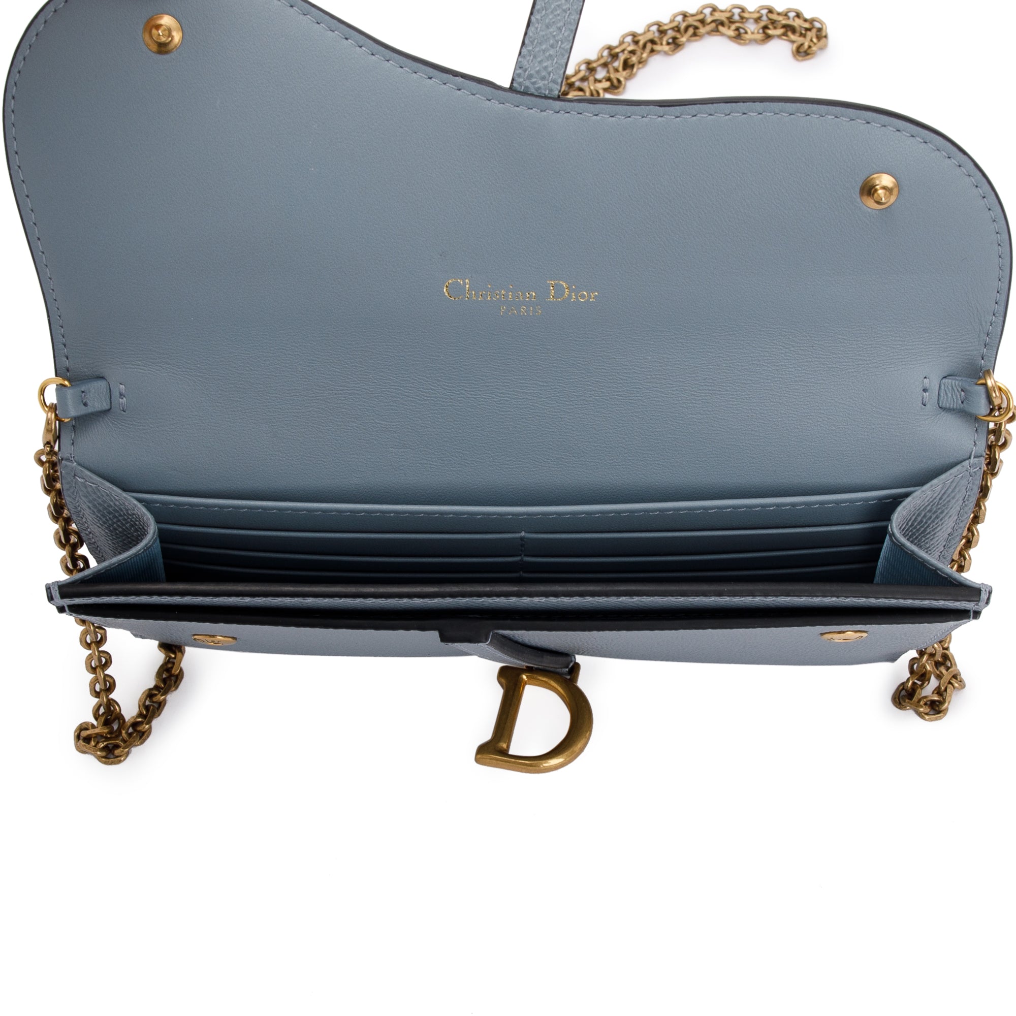 Christian Dior 2022 Blue Grained Calfskin Leather Saddle Chain Pouch w/ Box, Strap & Pouch