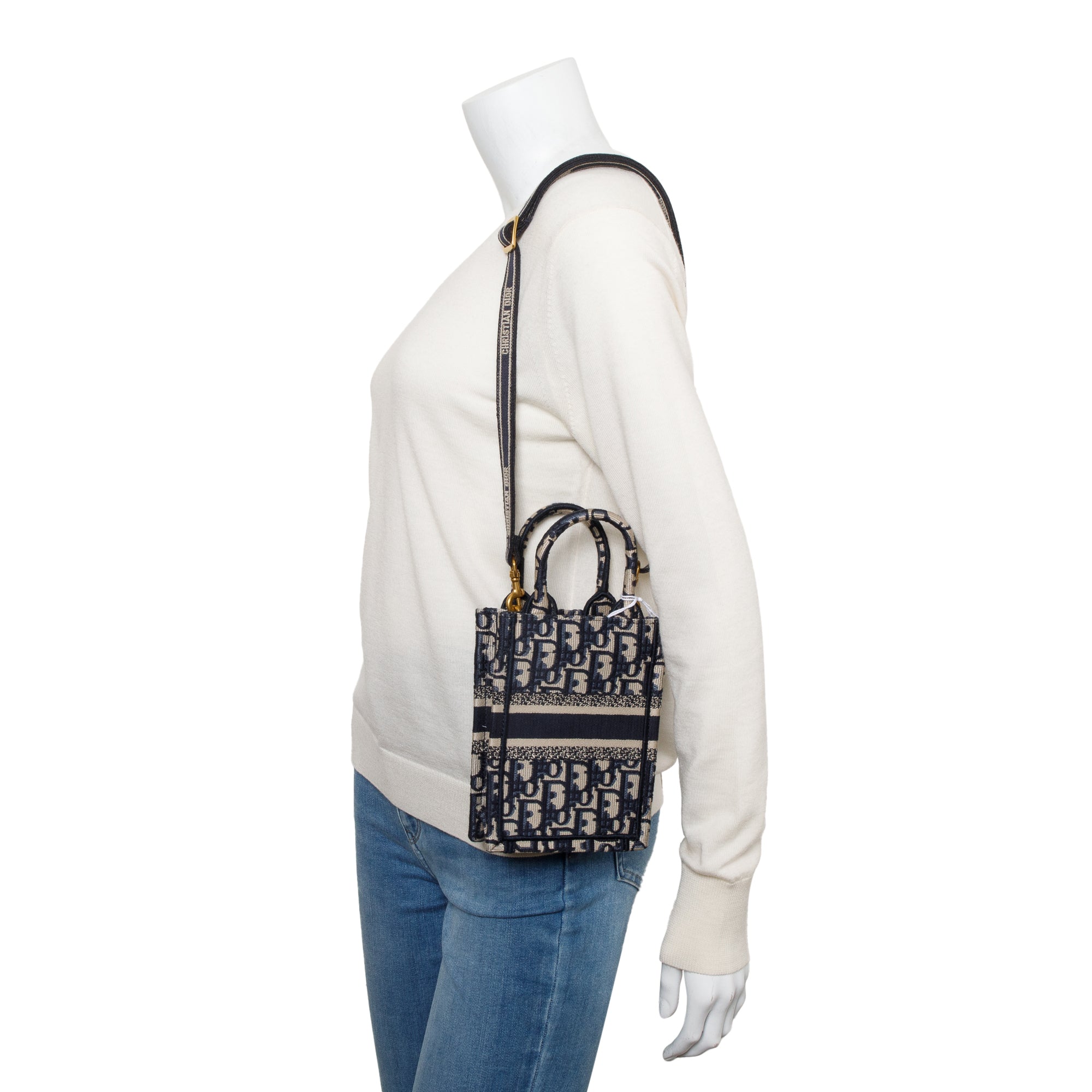 Christian Dior 2022 Blue Oblique Embroidery Mini Vertical Book Tote w/ Strap