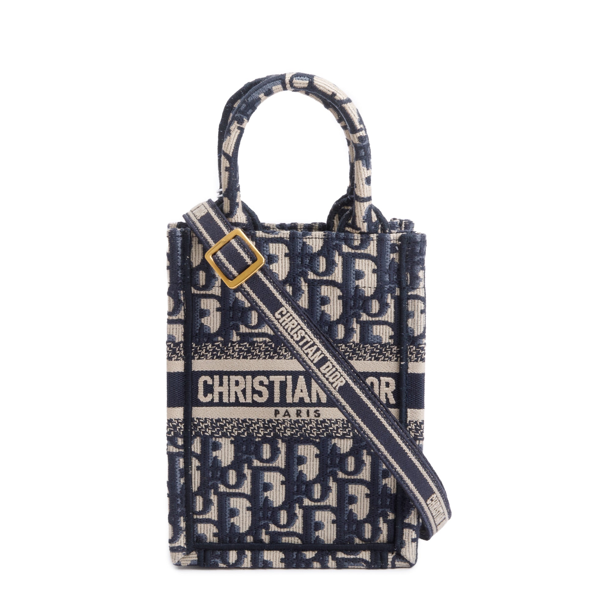 Christian Dior 2022 Blue Oblique Embroidery Mini Vertical Book Tote w/ Strap