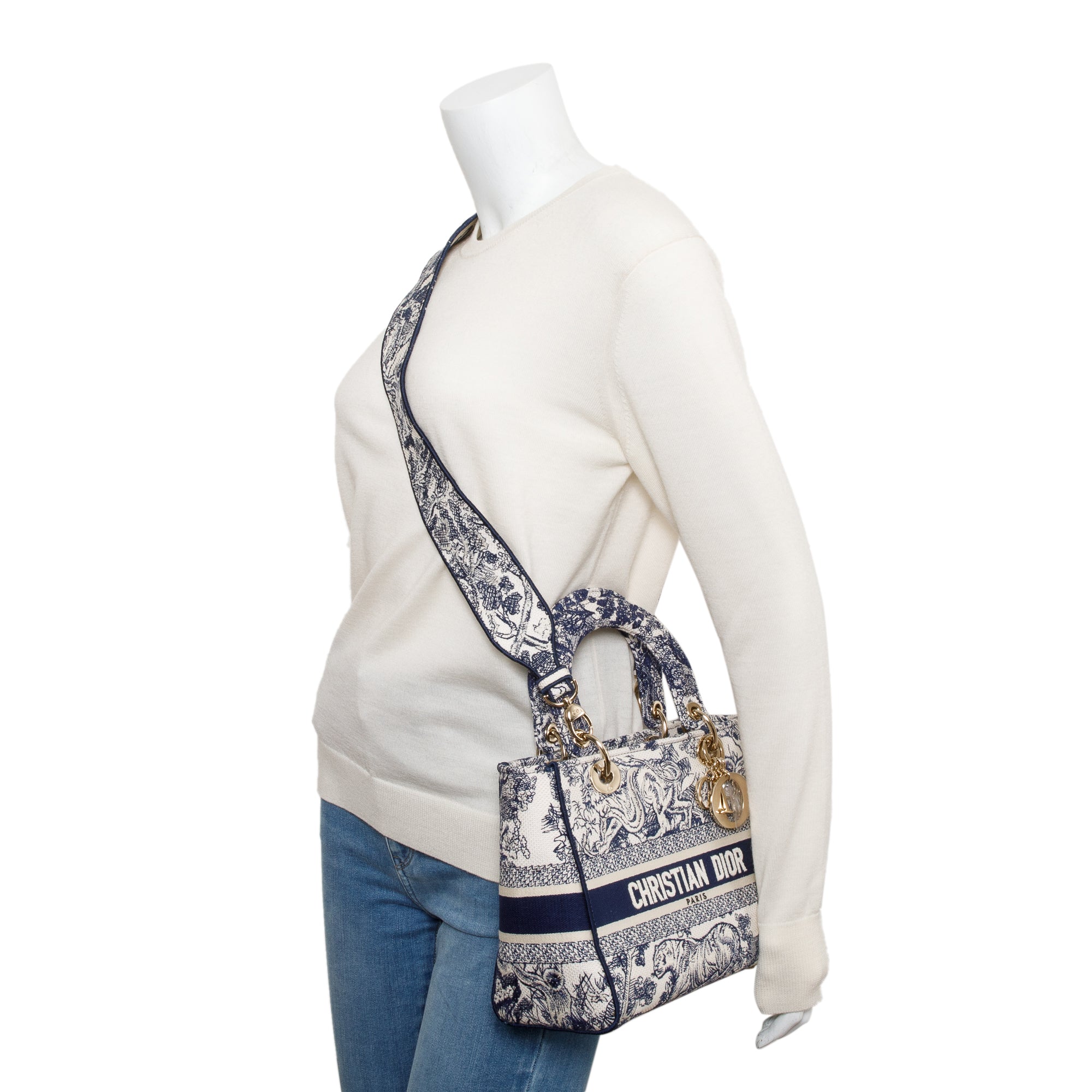 Christian Dior 2022 Blue Toile De Jouy Reverse Embroidery Medium Lady D-Lite Bag w/ Strap