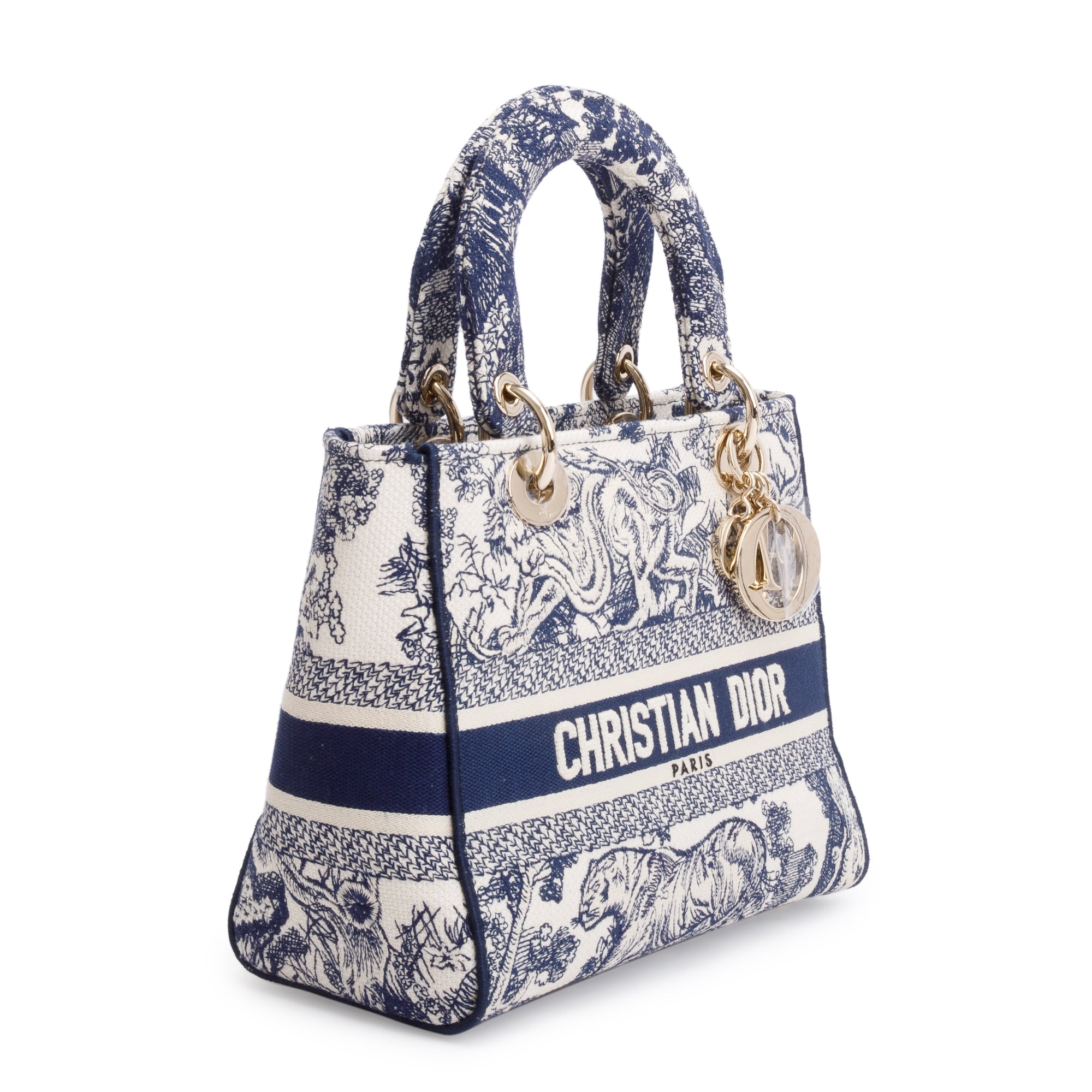 Christian Dior 2022 Blue Toile De Jouy Reverse Embroidery Medium Lady D-Lite Bag w/ Strap