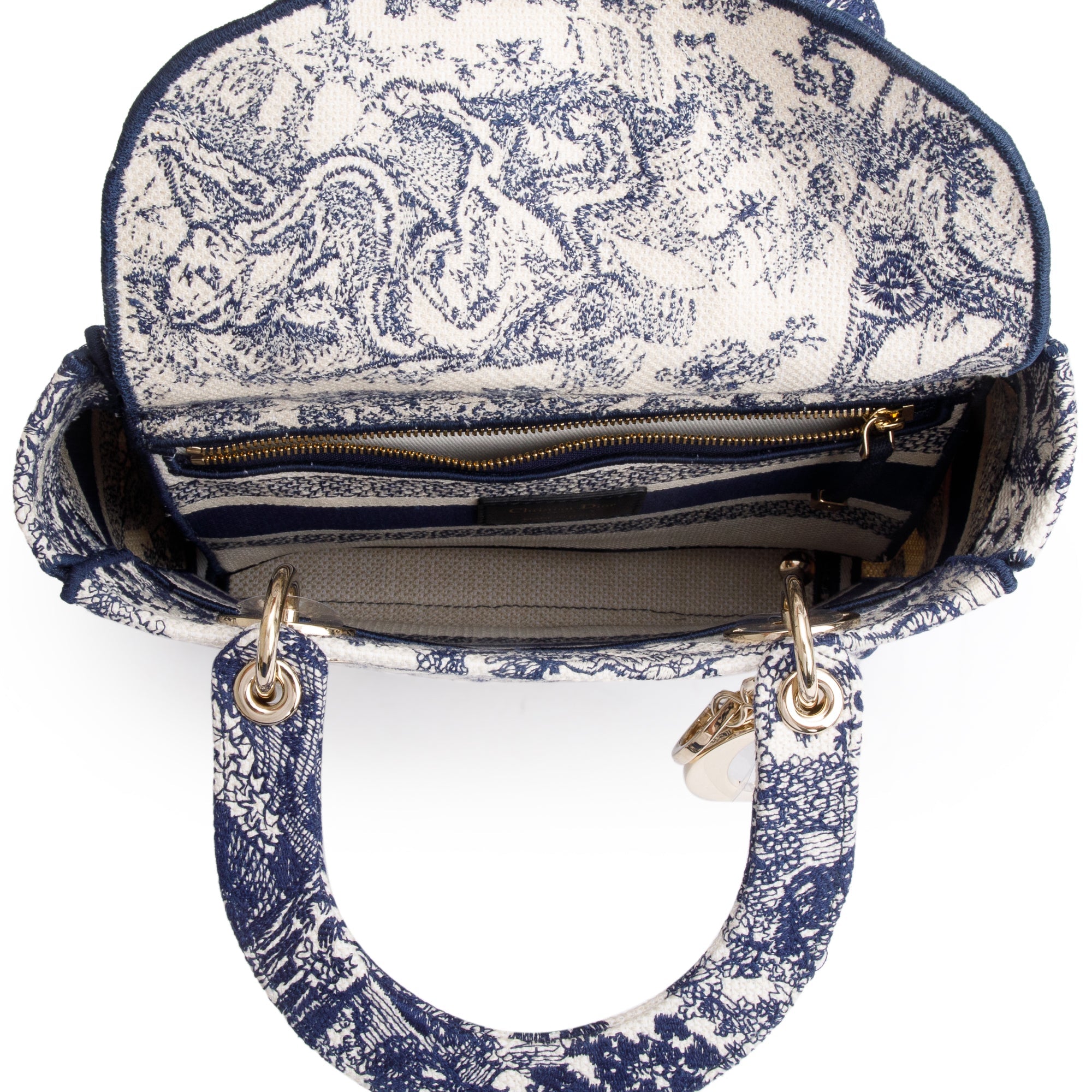 Christian Dior 2022 Blue Toile De Jouy Reverse Embroidery Medium Lady D-Lite Bag w/ Strap
