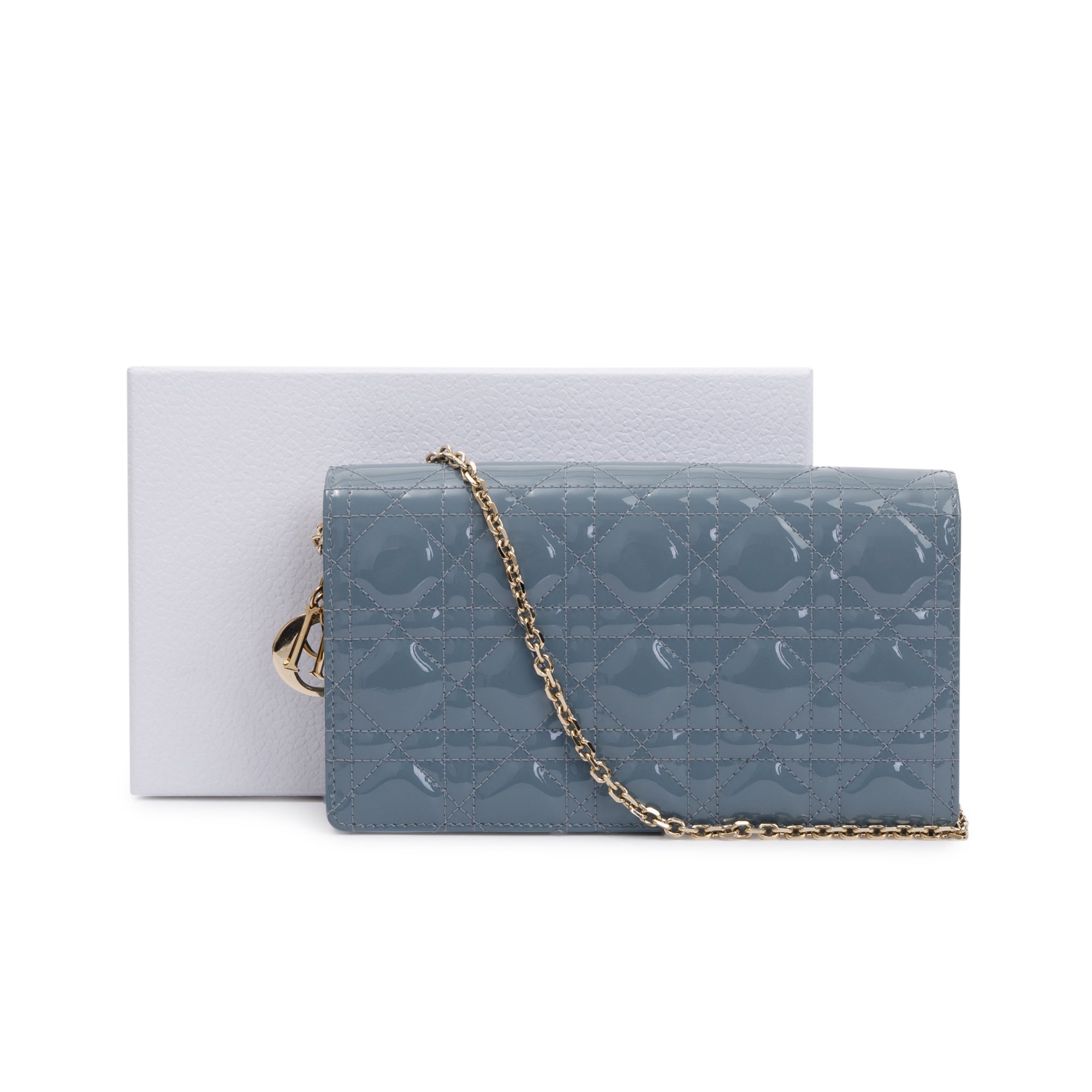 Christian Dior 2022 Cloud Blue Patent Leather Lady Dior Chain Pouch w/ Inserts & Box